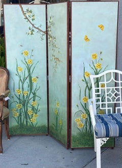 Vintage Chinoiserie Painted Scenic Floor Screen Room Divider