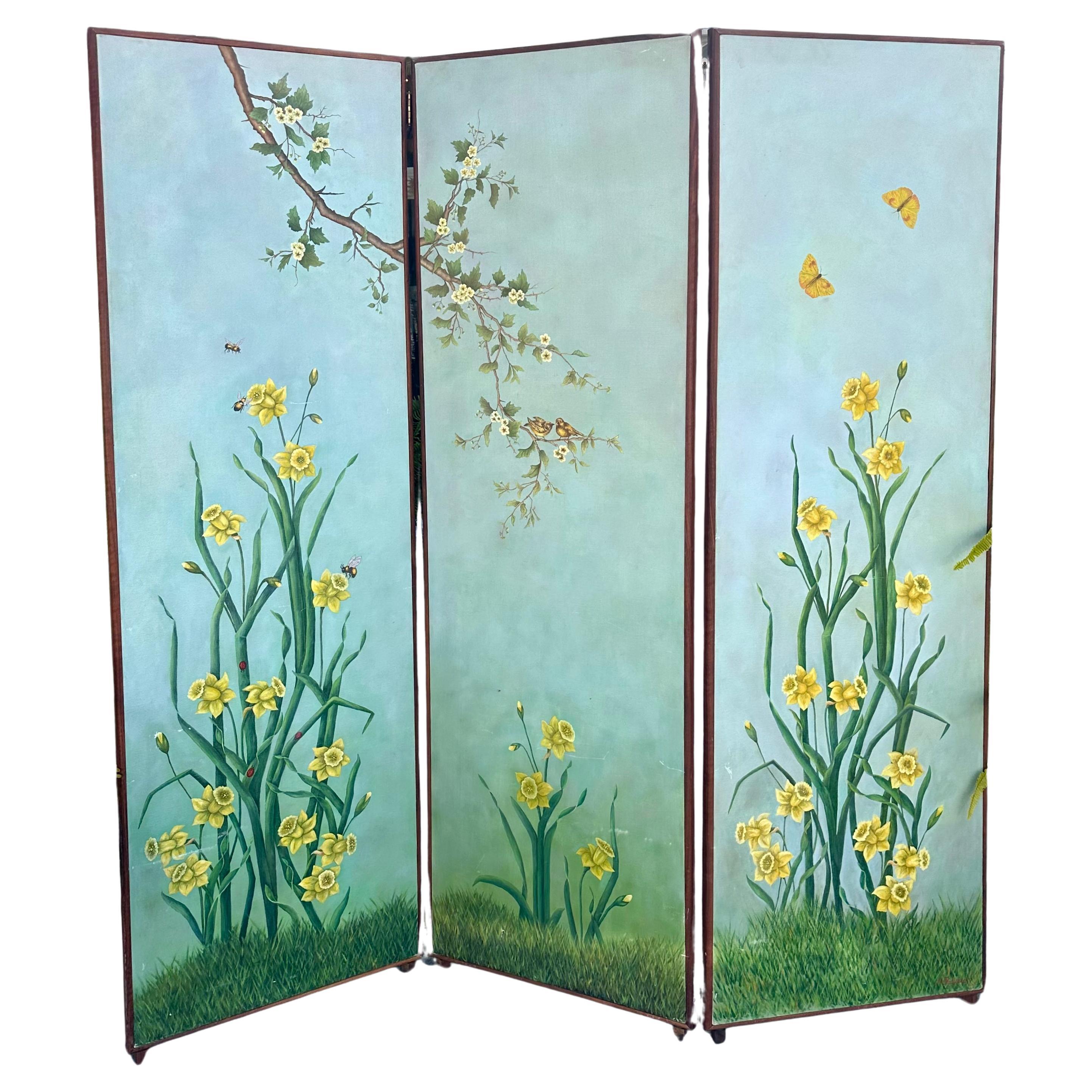 Vintage Chinoiserie Painted Scenic Floor Screen Room Divider For Sale