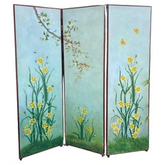 Vintage Chinoiserie Painted Scenic Floor Screen Room Divider