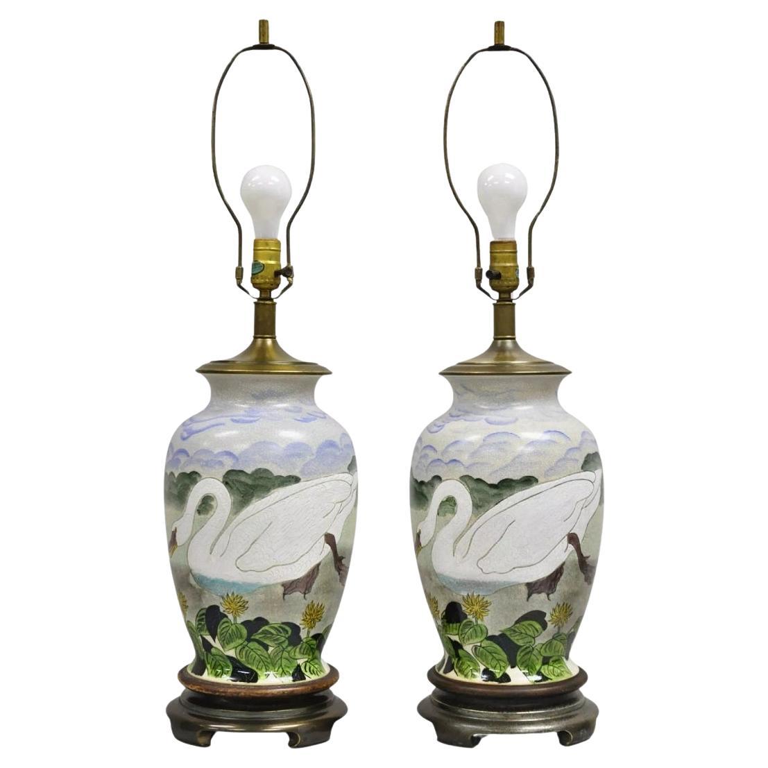 Vintage Chinoiserie Painted Swan Porcelain Ginger Jar Table Lamps - a Pair