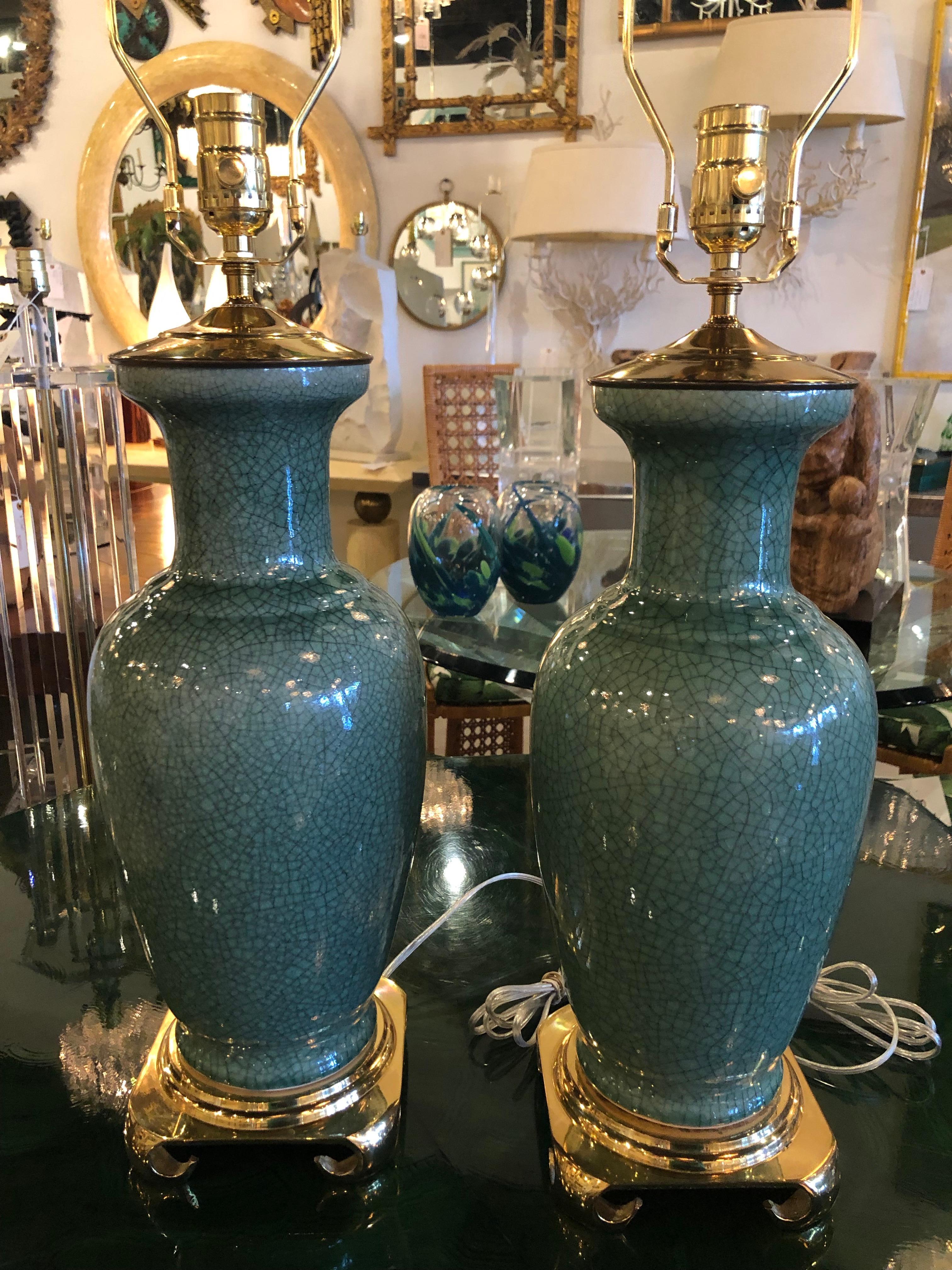 Vintage Chinoiserie Pair of Green Crackle Pagoda Top Brass Table Lamps 2