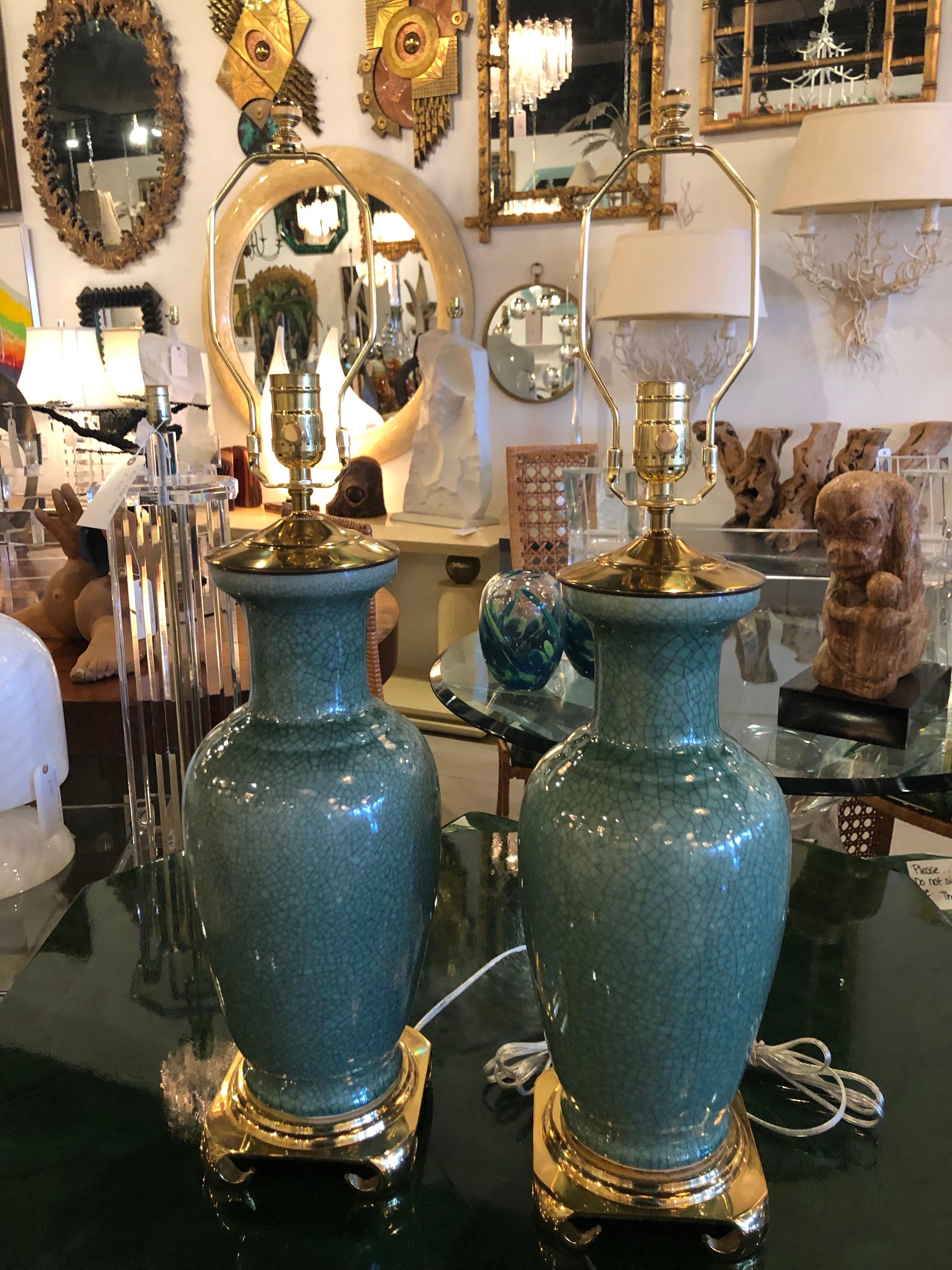 Late 20th Century Vintage Chinoiserie Pair of Green Crackle Pagoda Top Brass Table Lamps