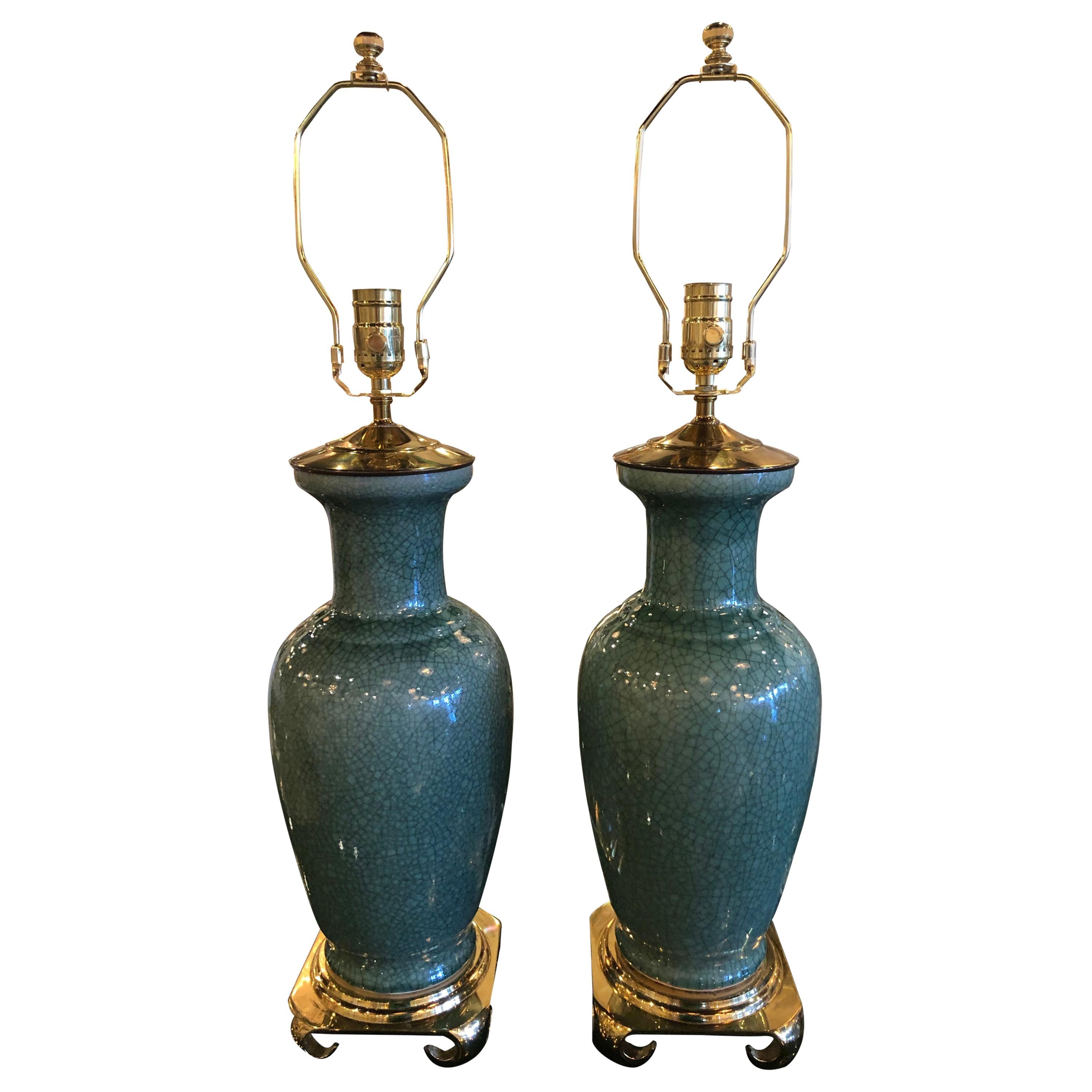 Vintage Chinoiserie Pair of Green Crackle Pagoda Top Brass Table Lamps