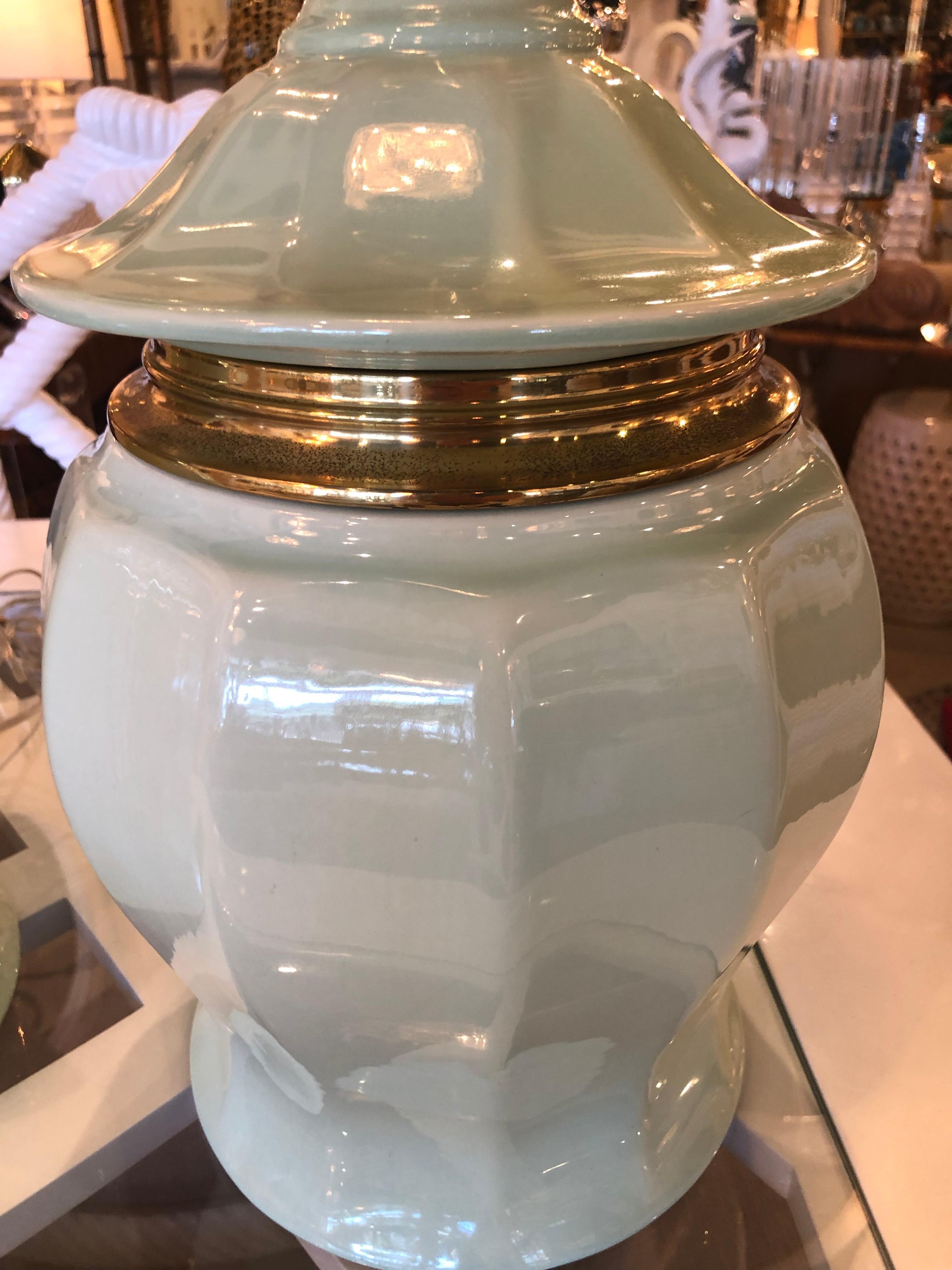 Vintage Chinoiserie Pair of Mint Green Pagoda Top Brass Ceramic Table Lamps In Good Condition For Sale In West Palm Beach, FL