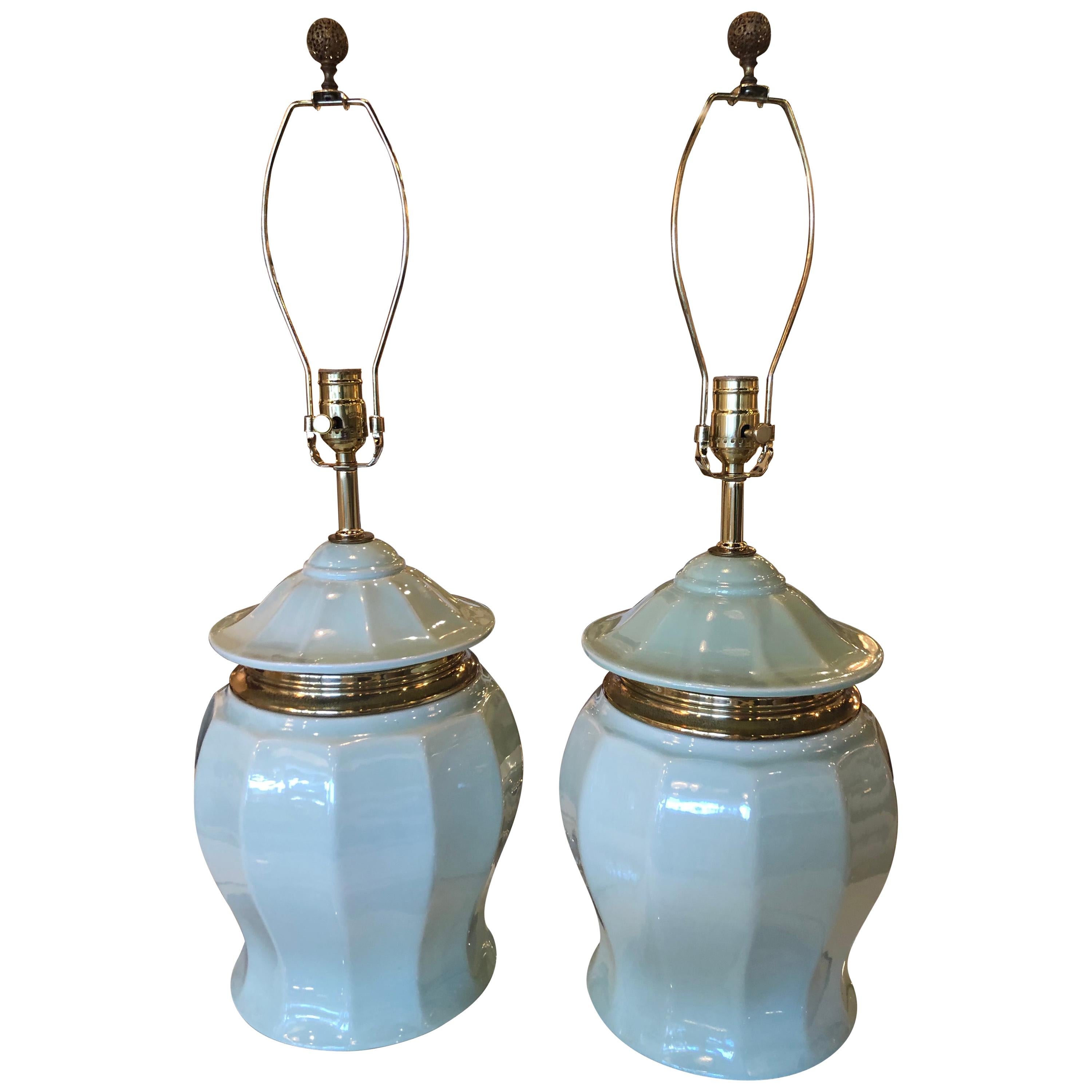 Vintage Chinoiserie Pair of Mint Green Pagoda Top Brass Ceramic Table Lamps For Sale