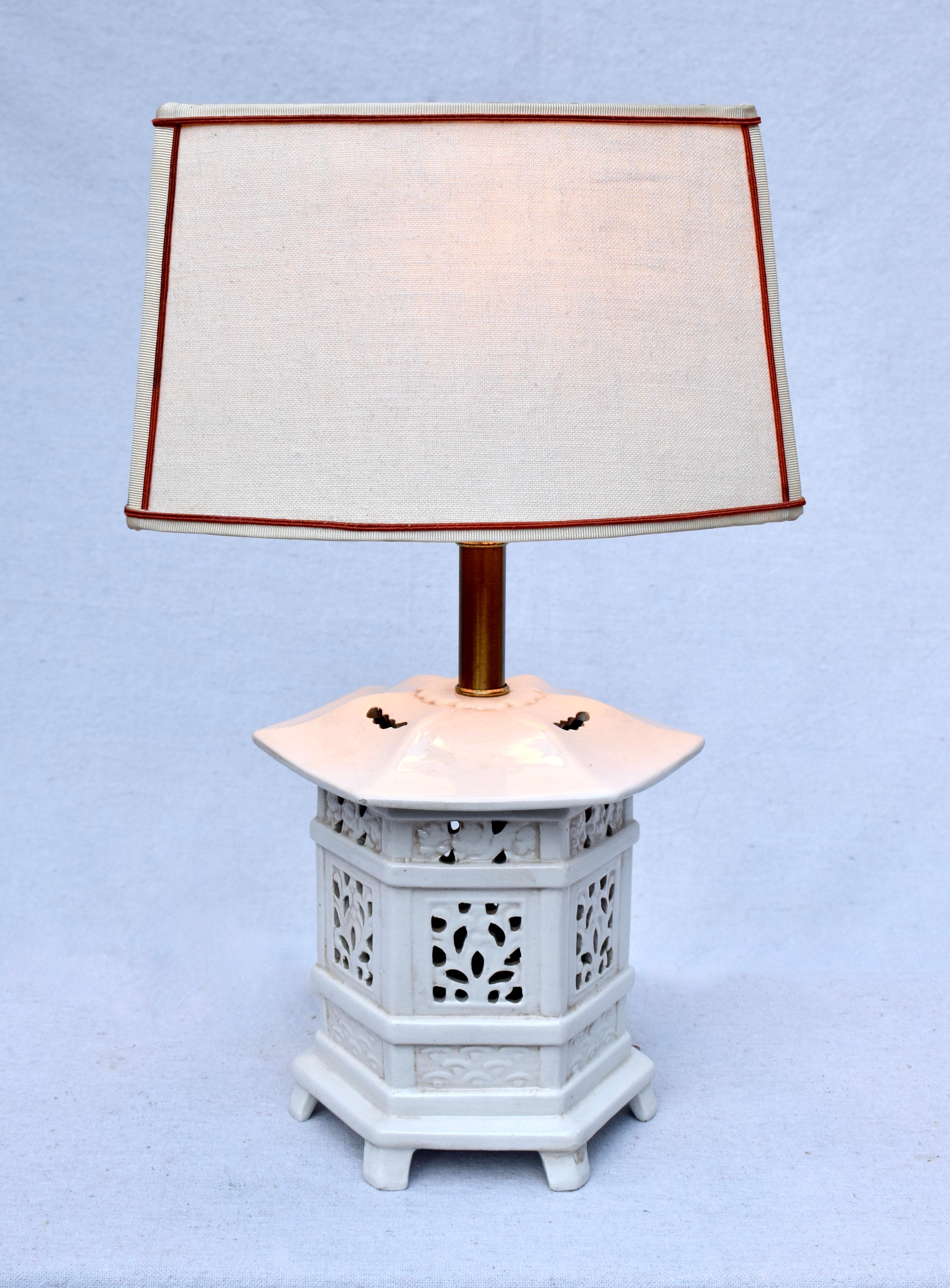 Porcelain Vintage Chinoiserie Pierced Pagoda Table Lamps, Pair
