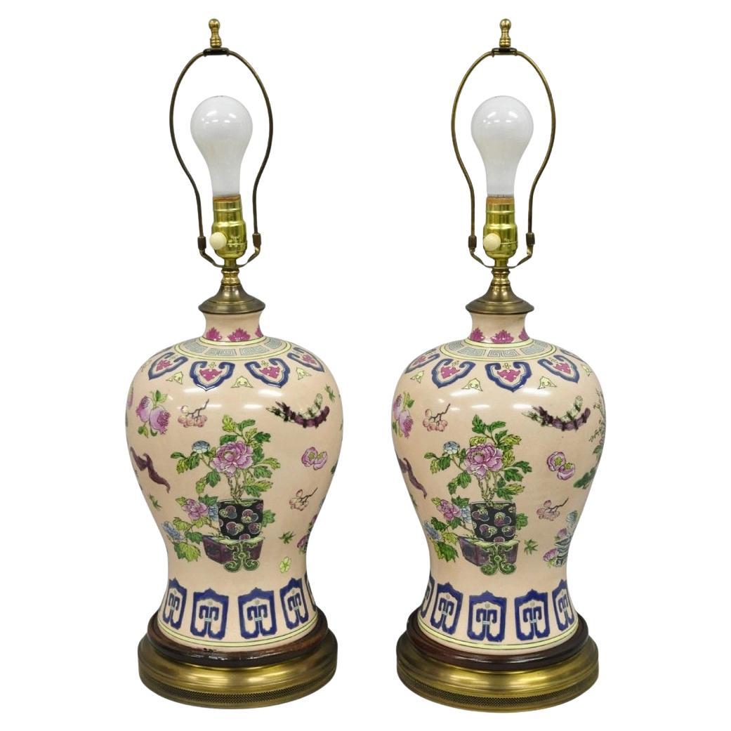 Lampada da tavolo in porcellana rosa Chinoiserie d'epoca con vaso Jardinière e lampada da tavolo a coppia
