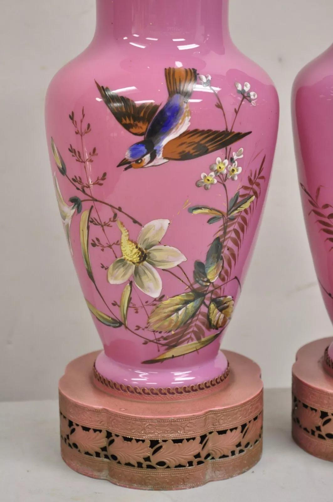 Vintage Chinoiserie Pink Porcelain Japanese Bird Painted Table Lamps - a Pair 6