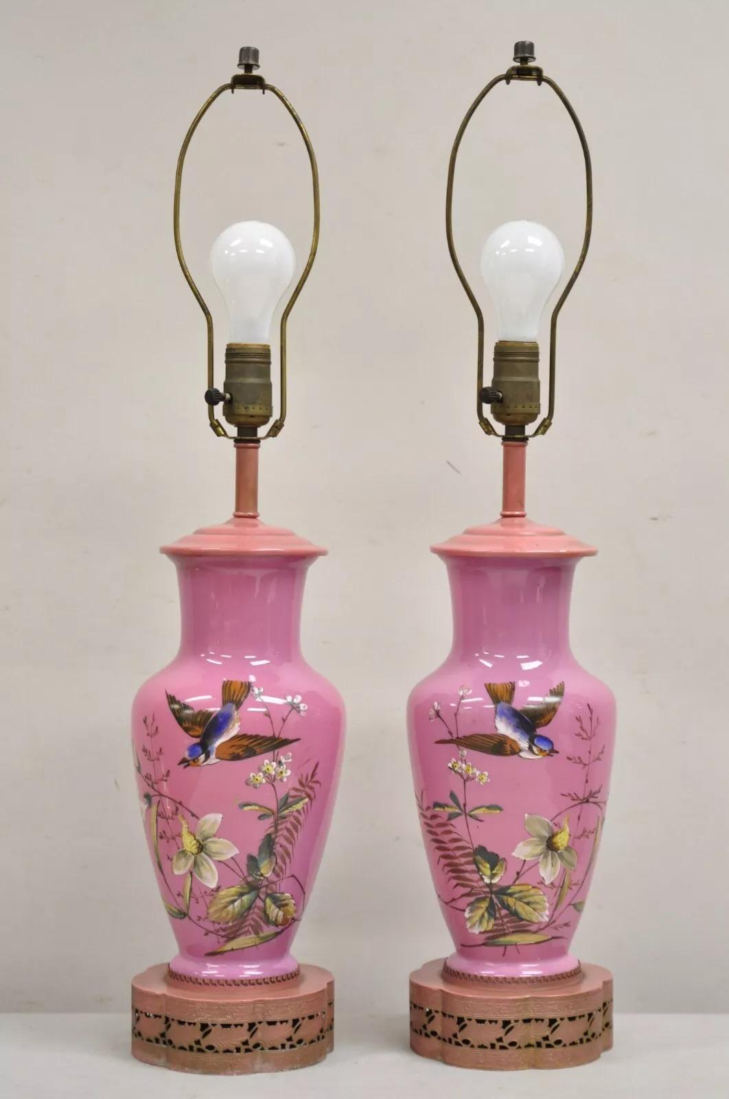 Vintage Chinoiserie Pink Porcelain Japanese Bird Painted Table Lamps - a Pair 7
