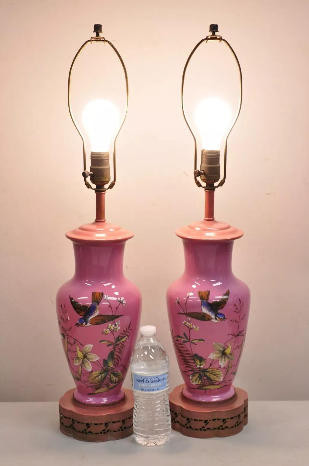 Vintage Chinoiserie Pink Porcelain Japanese Bird Hand Painted Table Lamps - a Pair. Circa Early 20th Century. Measurements: 28