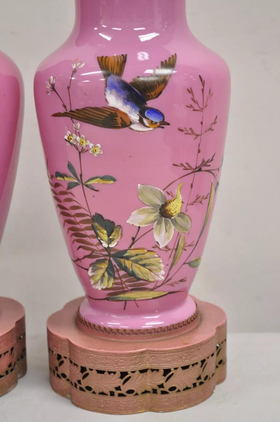 Vintage Chinoiserie Pink Porcelain Japanese Bird Painted Table Lamps - a Pair In Good Condition In Philadelphia, PA