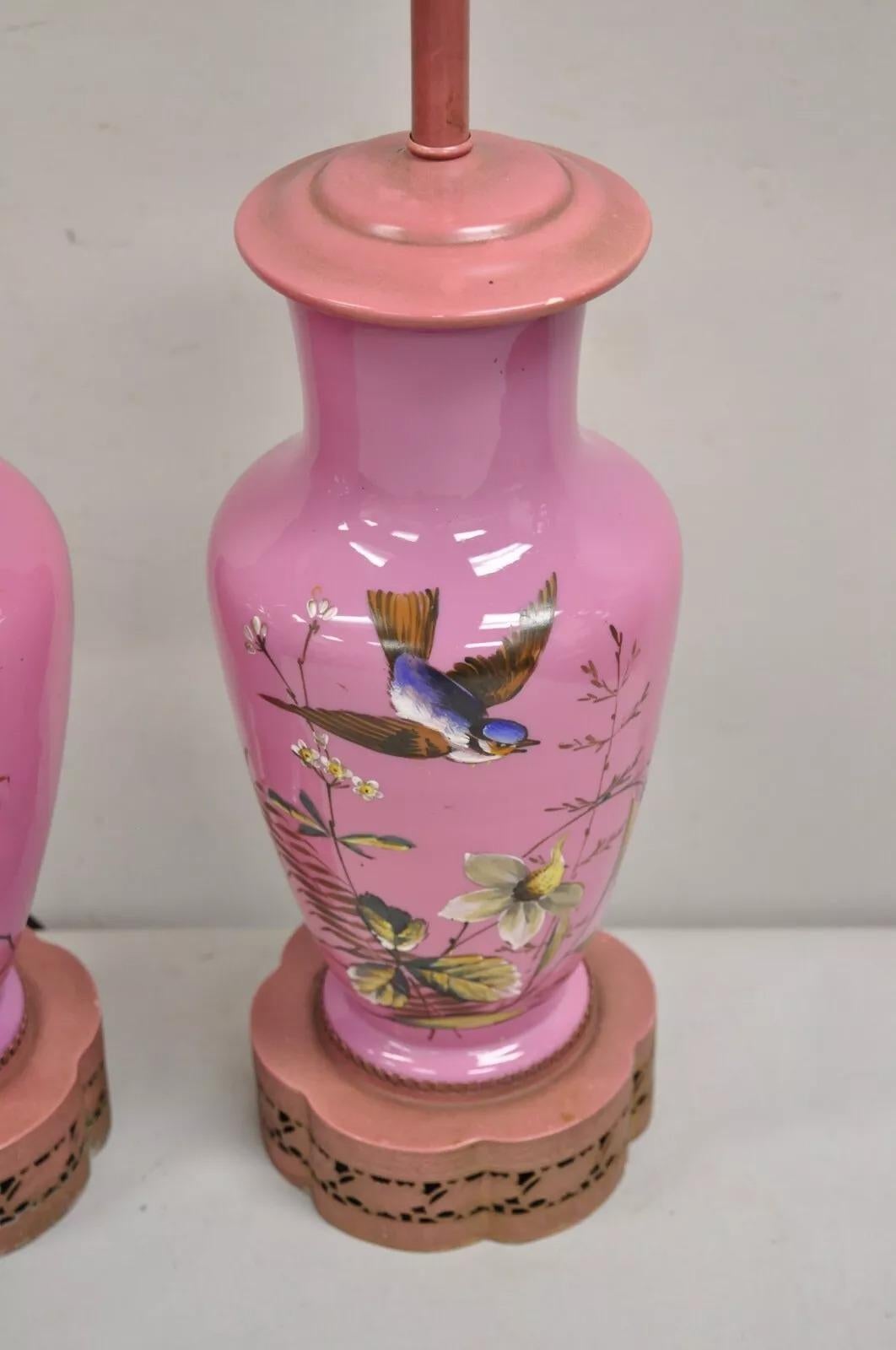 20th Century Vintage Chinoiserie Pink Porcelain Japanese Bird Painted Table Lamps - a Pair