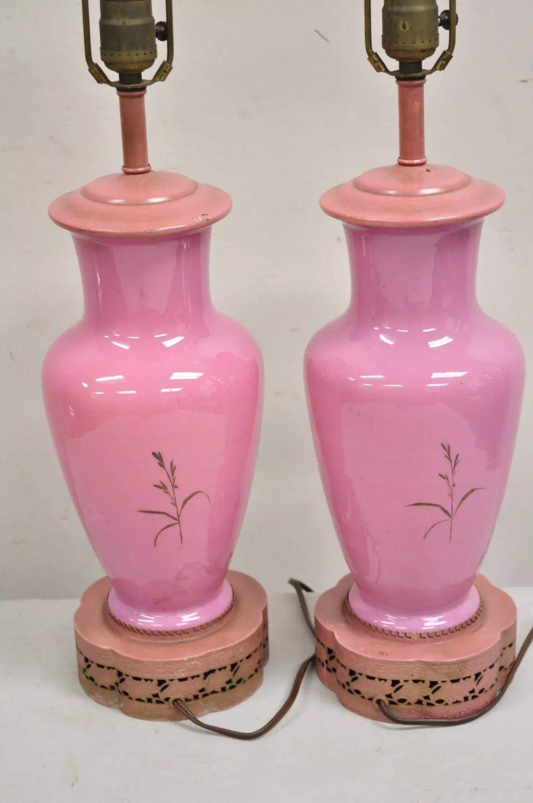 Vintage Chinoiserie Pink Porcelain Japanese Bird Painted Table Lamps - a Pair 4