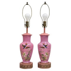 Vintage Chinoiserie Pink Porcelain Japanese Bird Painted Table Lamps - a Pair