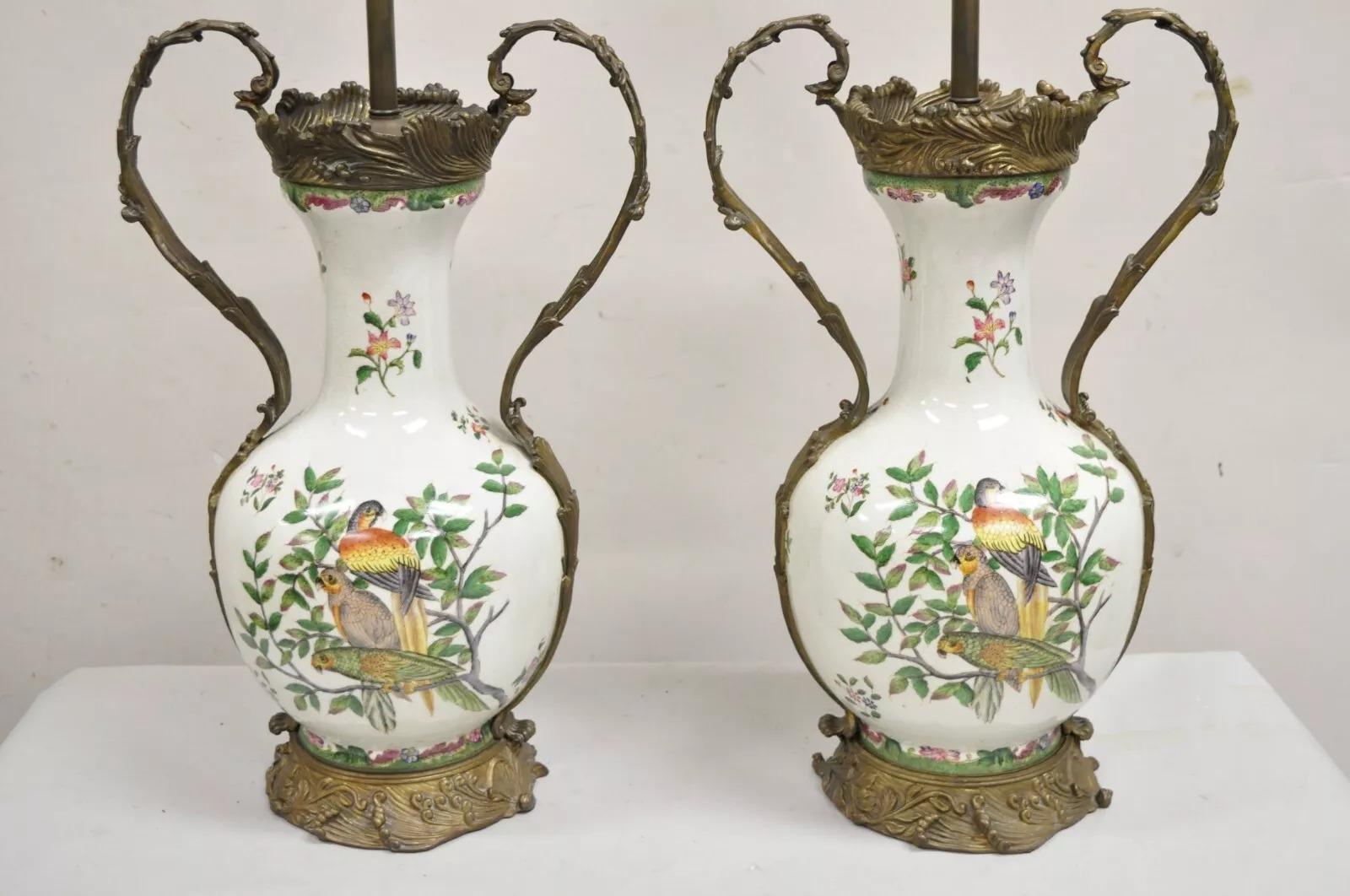 Unknown Vintage Chinoiserie Porcelain & Bronze French Louis XV Style Table Lamps - Pair For Sale