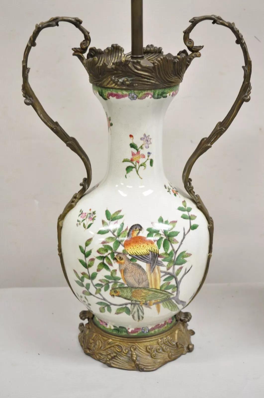 Vintage Chinoiserie Porcelain & Bronze French Louis XV Style Table Lamps - Pair In Good Condition For Sale In Philadelphia, PA