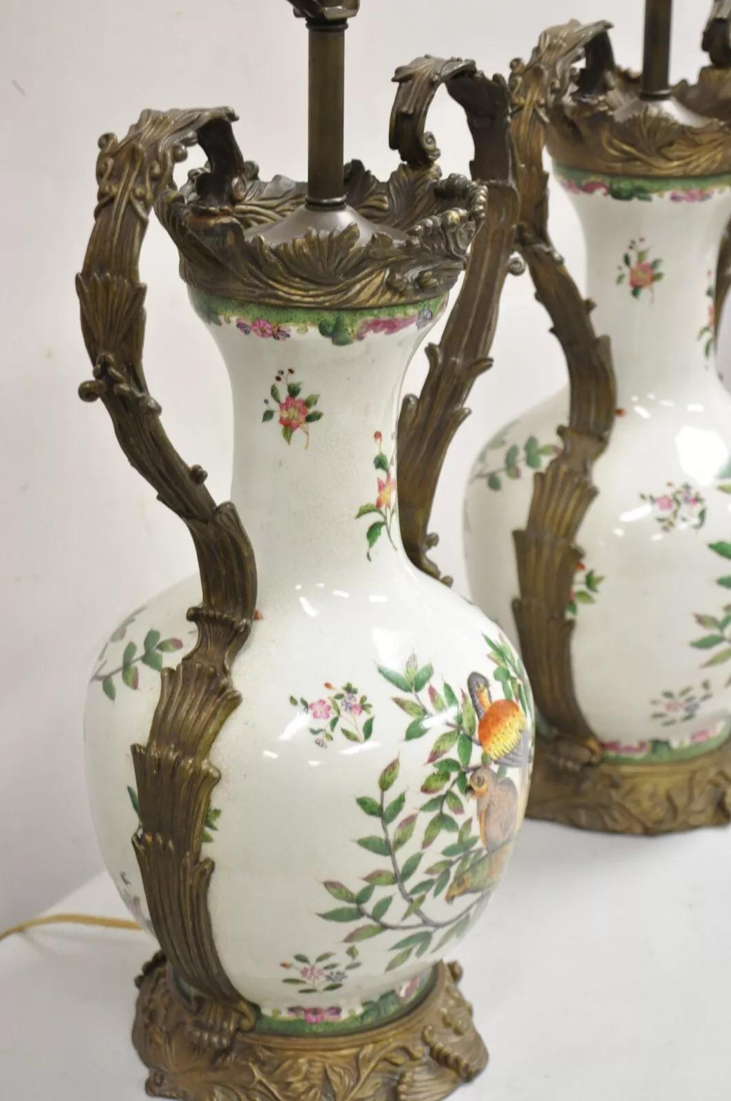 Vintage Chinoiserie Porcelain & Bronze French Louis XV Style Table Lamps - Pair For Sale 3