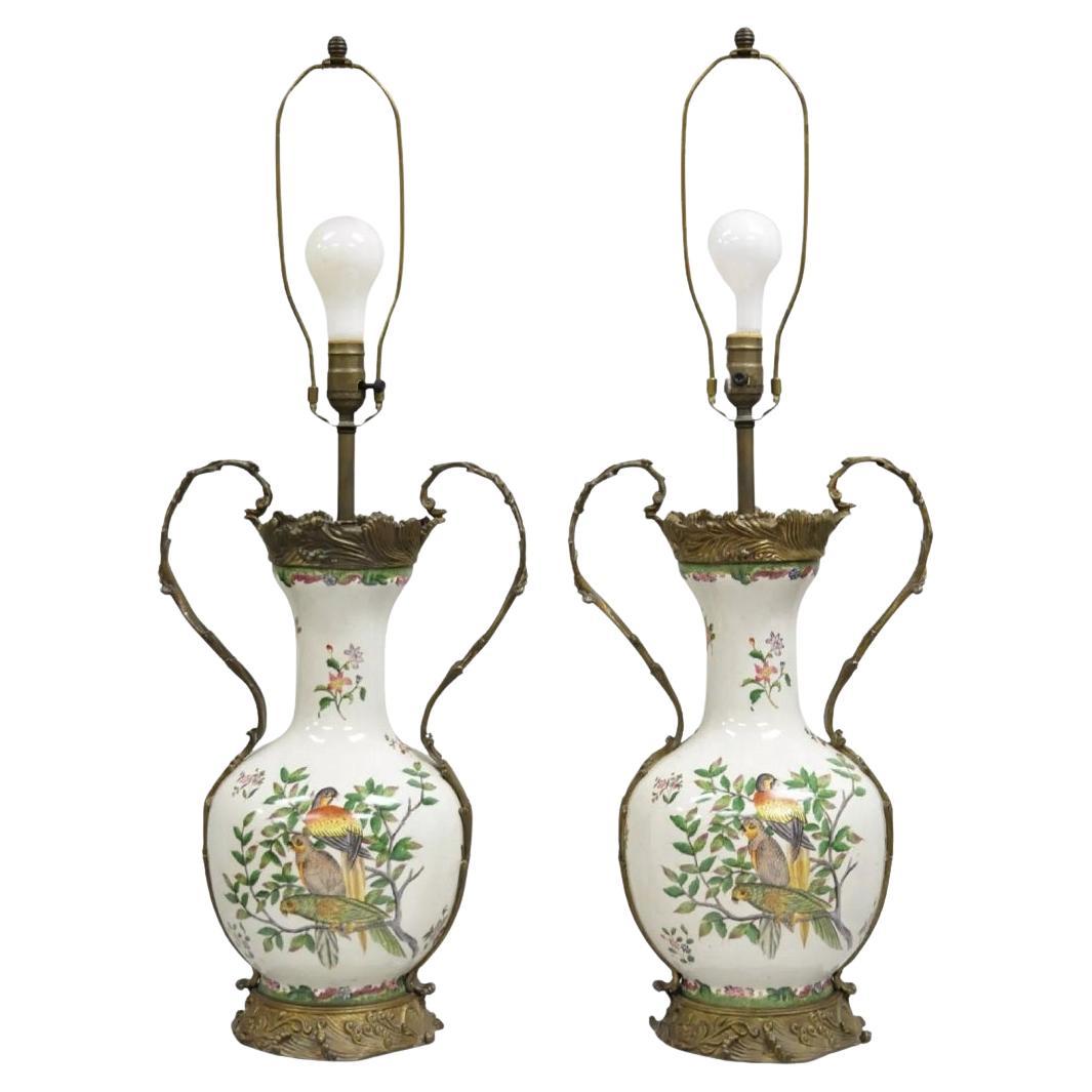 Vintage Chinoiserie Porcelain & Bronze French Louis XV Style Table Lamps - Pair For Sale