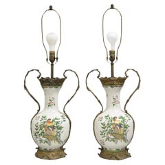 Vintage Chinoiserie Porcelain & Bronze French Louis XV Style Table Lamps - Pair