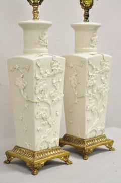 Vintage Chinoiserie Porcelain "Cherry Blossom" Blanc De Chine Table Lamps - Pair