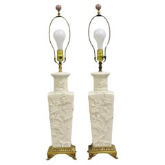 Vintage Chinoiserie Porcelain "Cherry Blossom" Blanc De Chine Table Lamps - Pair