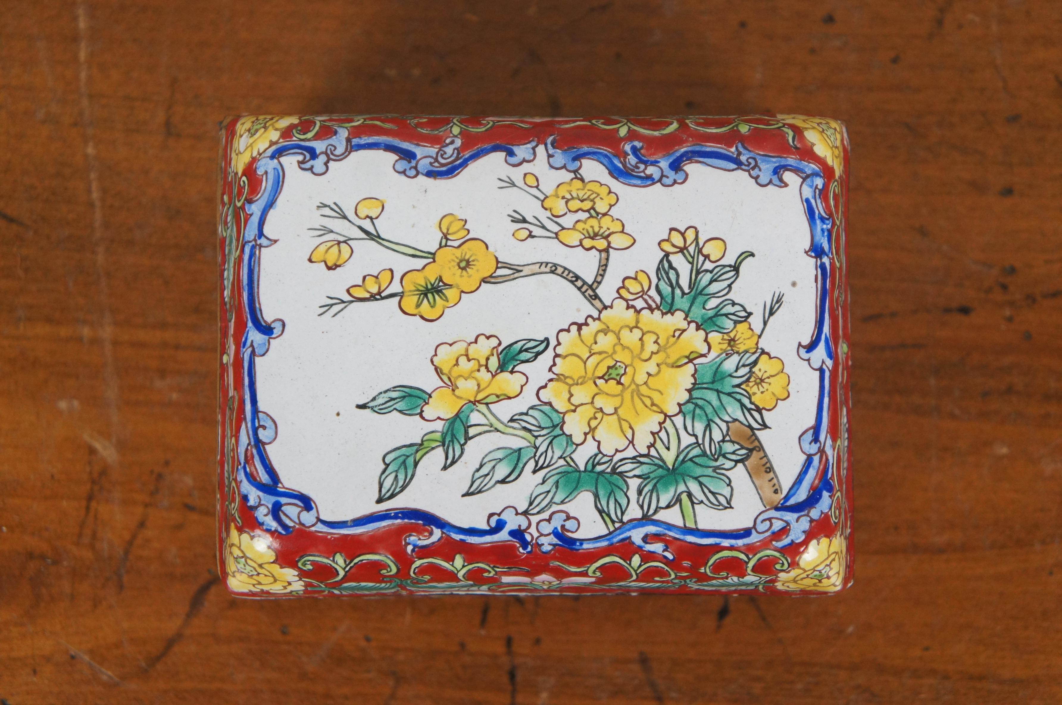 20th Century Vintage Chinoiserie Porcelain Cloisonne Enameled Floral Trinket Keepsake Box 5