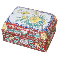 Antique Chinoiserie Porcelain Cloisonne Enameled Floral Trinket Keepsake Box 5"