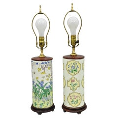 Vintage Chinoiserie Porcelain Cylinder Floral Painted Oriental Table Lamps, Pair