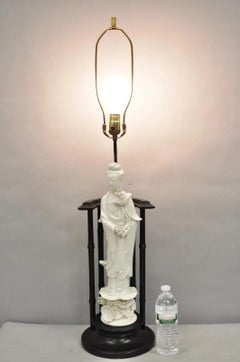 Vintage Chinoiserie Porcelain Guanyin Figure White Blanc de Chine Table Lamp