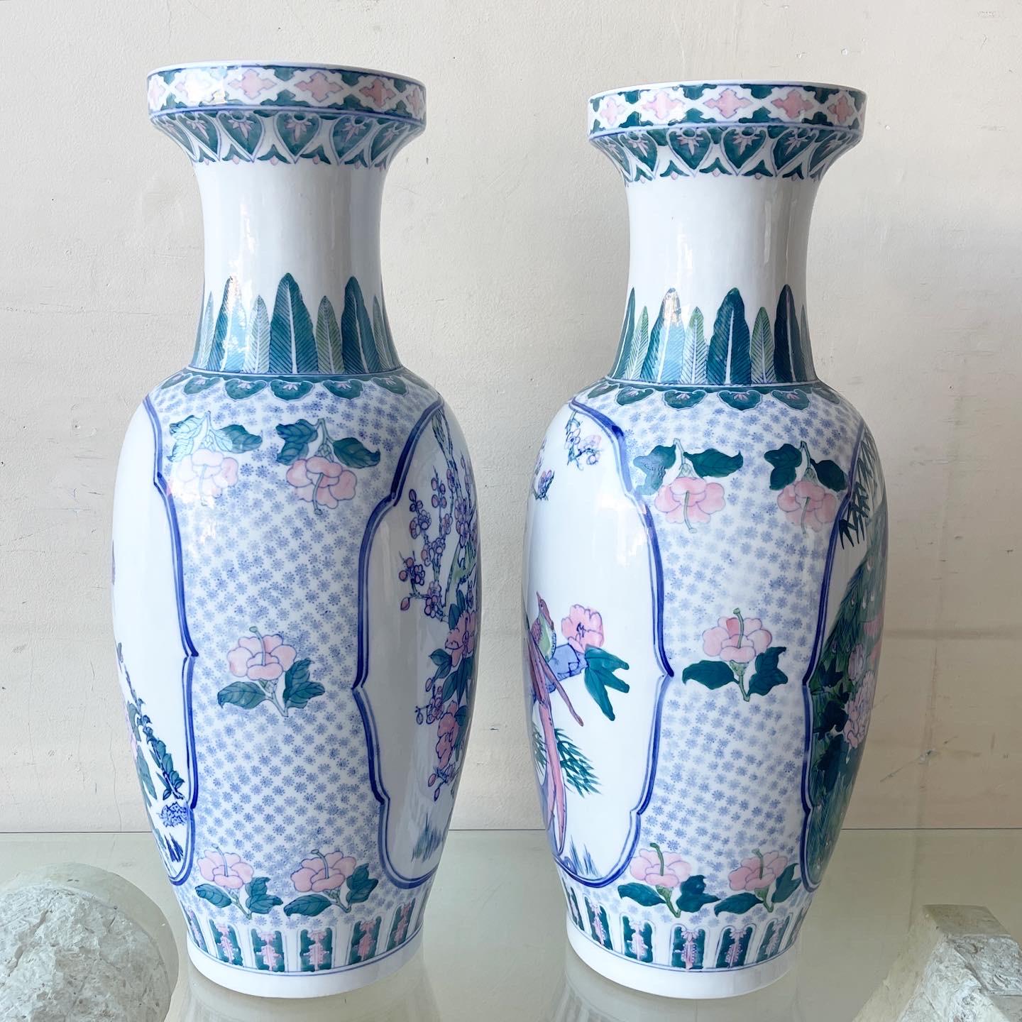 Chinese Export Vintage Chinoiserie Porcelain Hand Painted Floor Vases