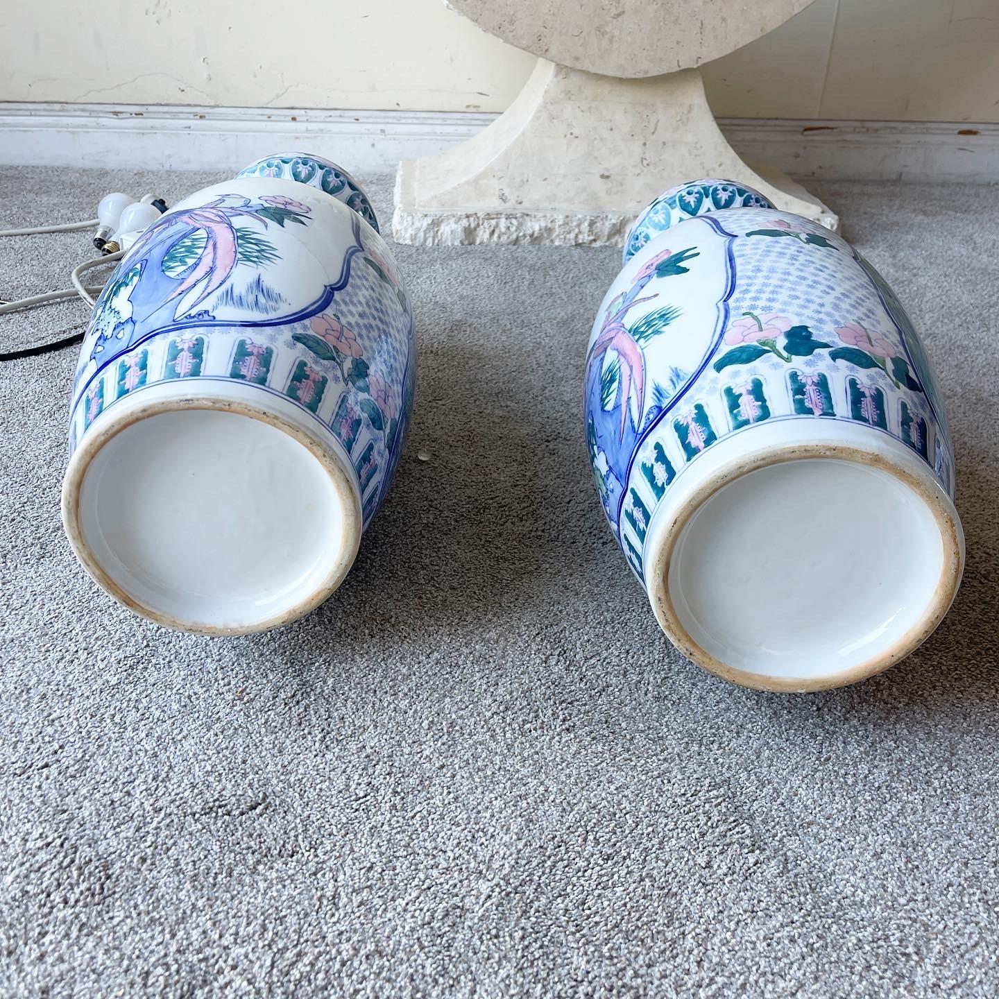 Chinese Vintage Chinoiserie Porcelain Hand Painted Floor Vases