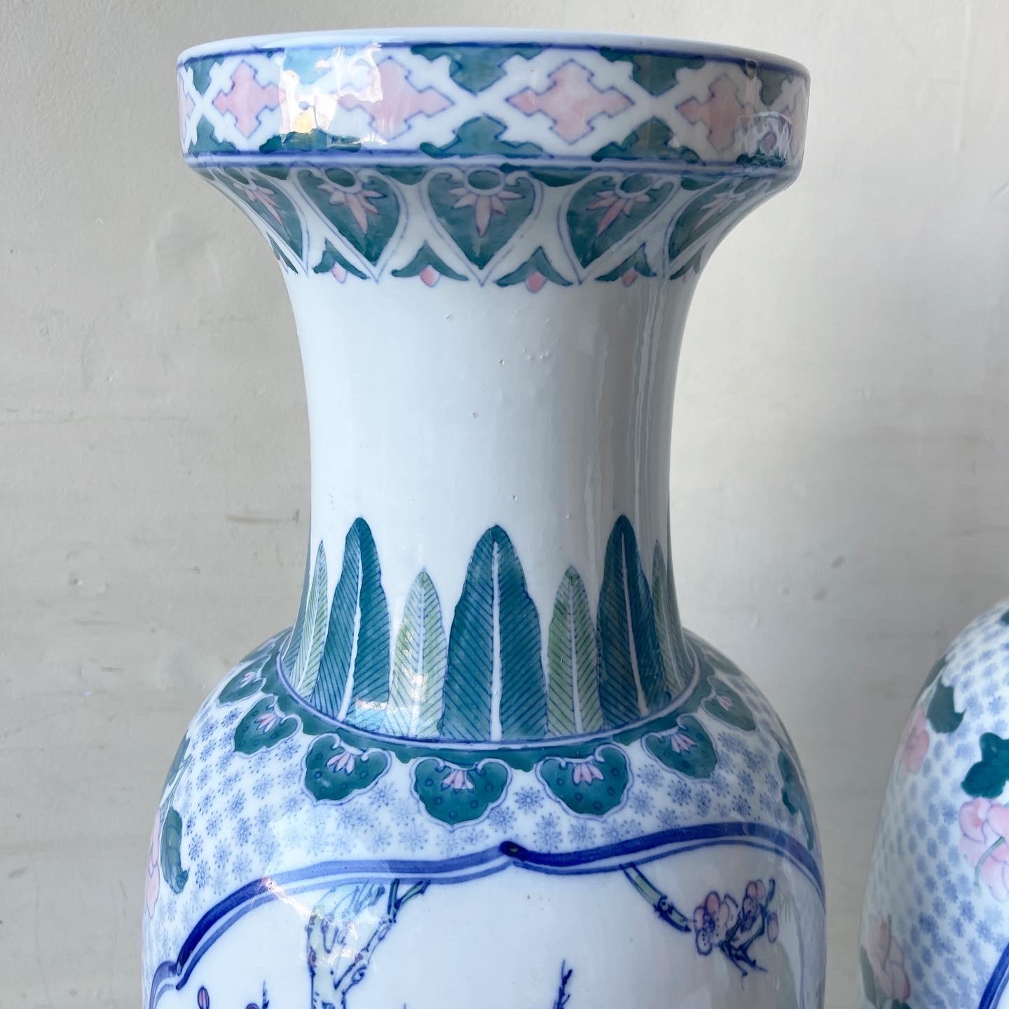 Vintage Chinoiserie Porcelain Hand Painted Floor Vases In Good Condition In Delray Beach, FL