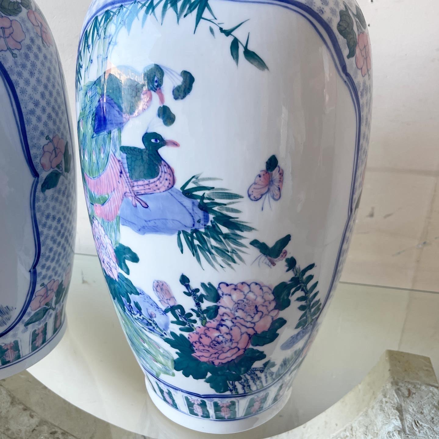 Late 20th Century Vintage Chinoiserie Porcelain Hand Painted Floor Vases