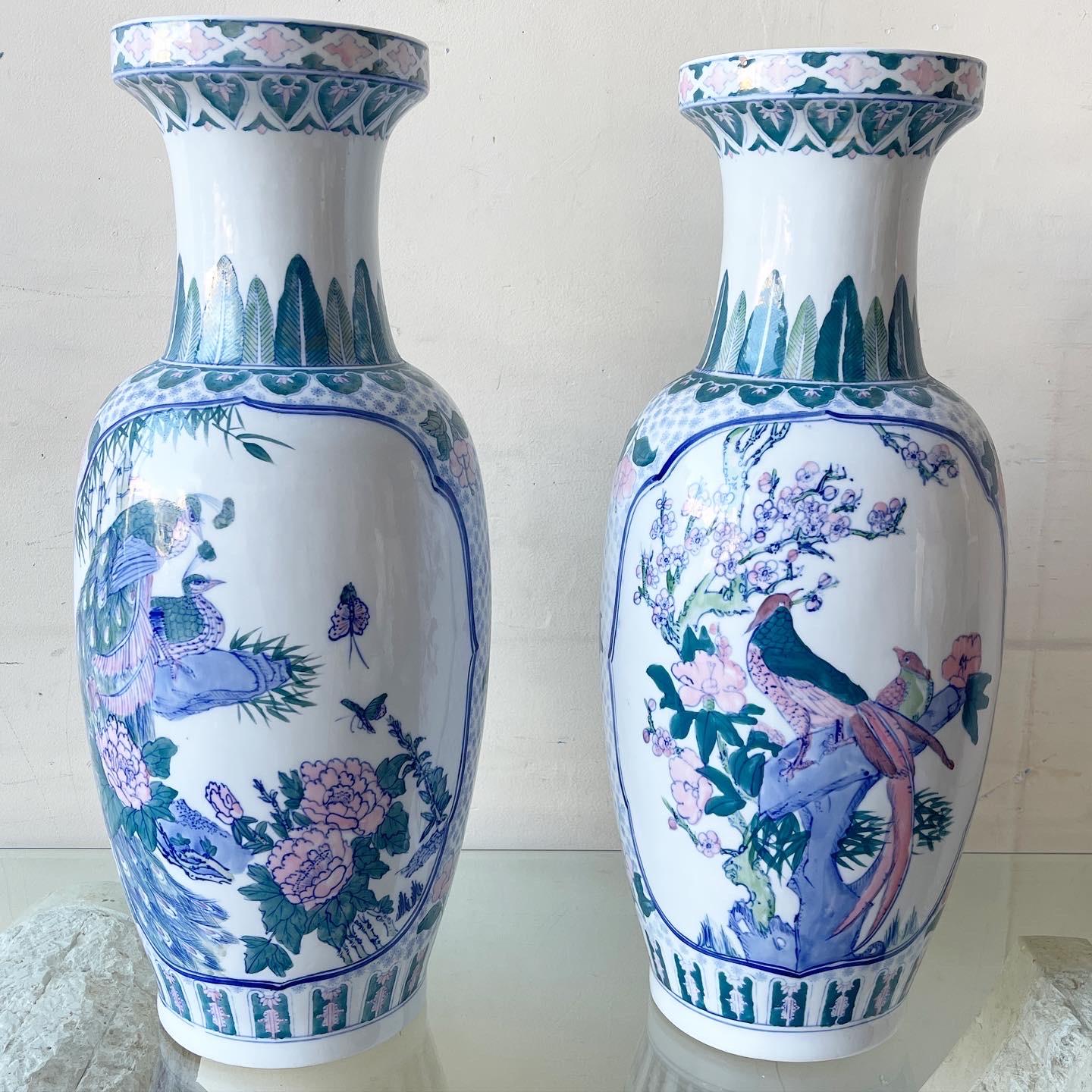 Vintage Chinoiserie Porcelain Hand Painted Floor Vases 2