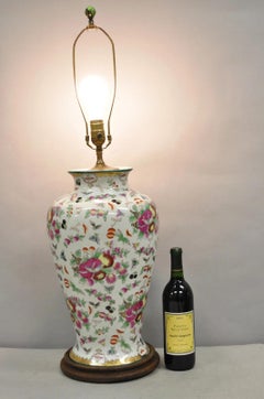 Vintage Chinoiserie Porcelain Jardinière Pink Flower Painted Large Table Lamp