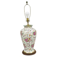 Vintage Chinoiserie Porcelain Jardinière Pink Flower Painted Large Table Lamp