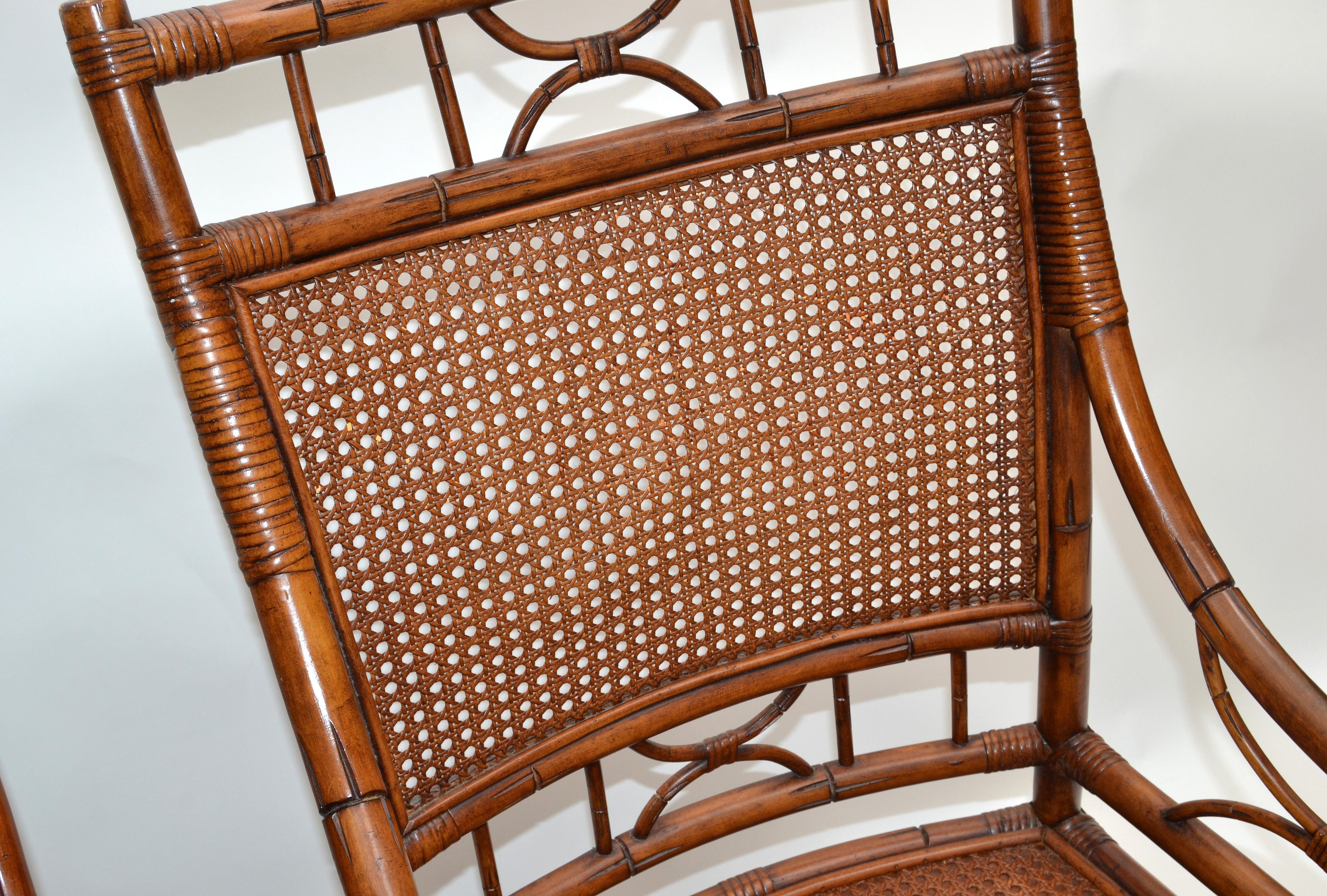 Pair 1970 Vintage Chinoiserie Rattan Bamboo Armchairs Woven Cane Seat & Backrest For Sale 3