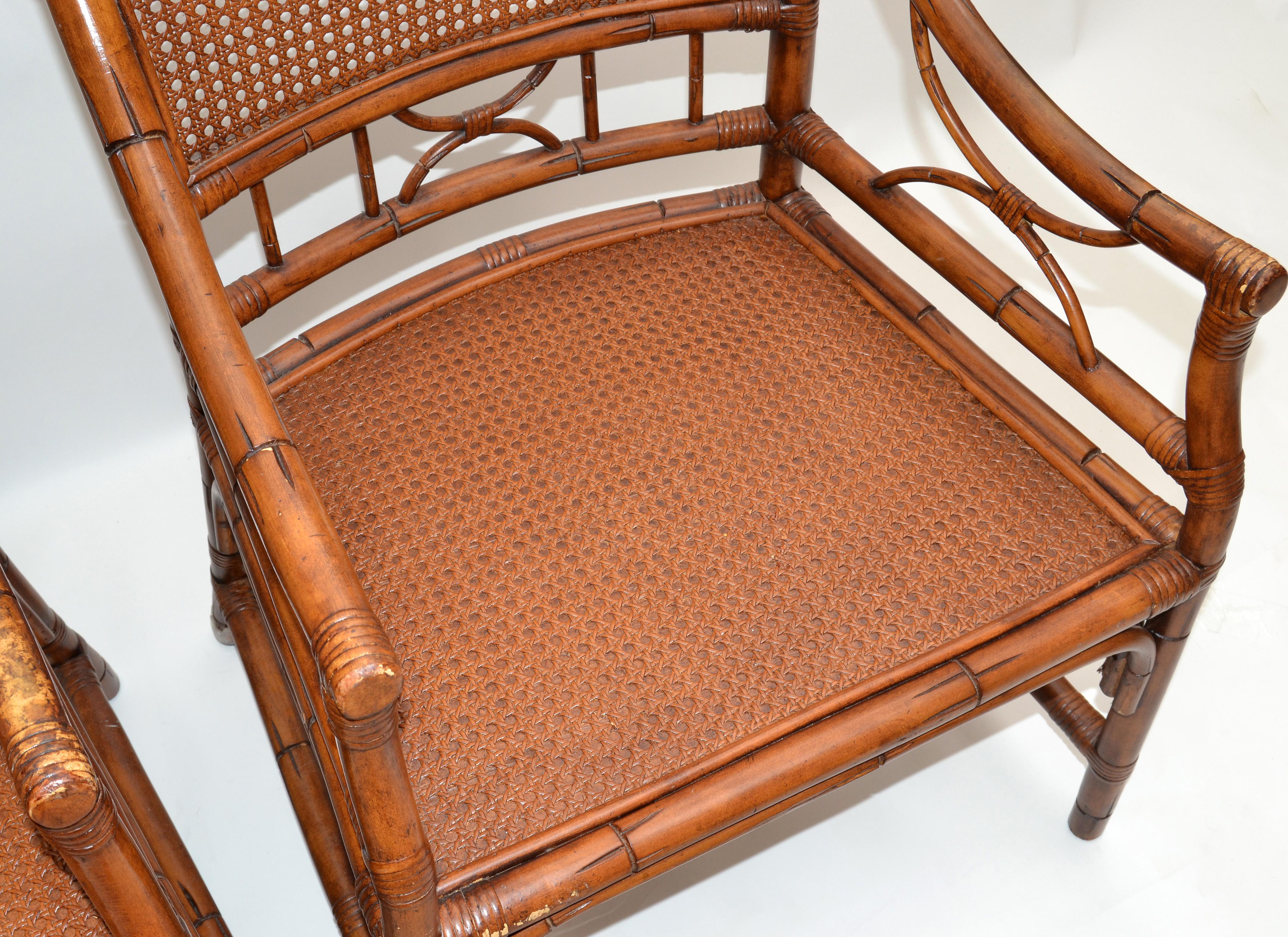 Pair 1970 Vintage Chinoiserie Rattan Bamboo Armchairs Woven Cane Seat & Backrest For Sale 4