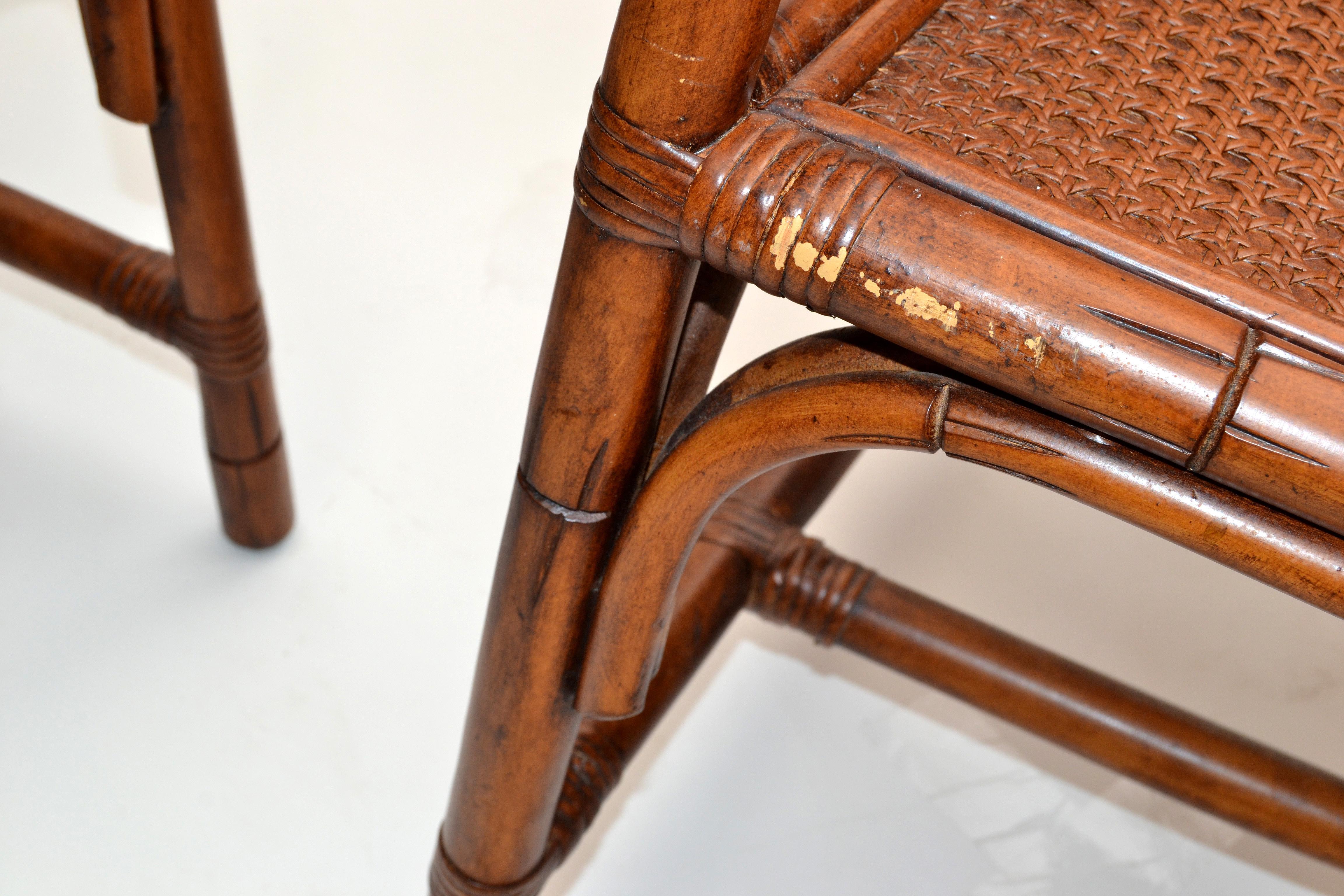 Pair 1970 Vintage Chinoiserie Rattan Bamboo Armchairs Woven Cane Seat & Backrest For Sale 6
