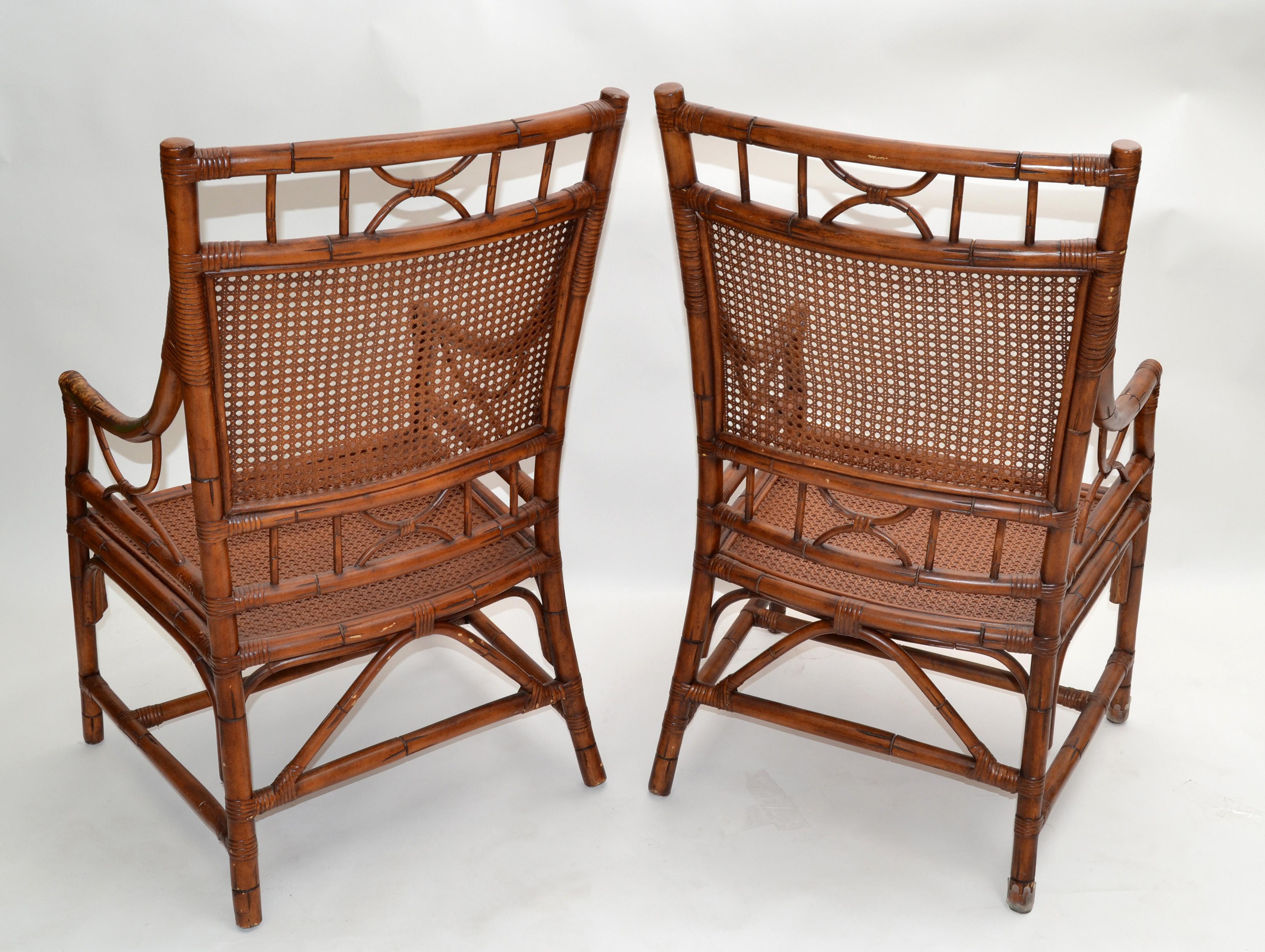 Pair 1970 Vintage Chinoiserie Rattan Bamboo Armchairs Woven Cane Seat & Backrest For Sale 7