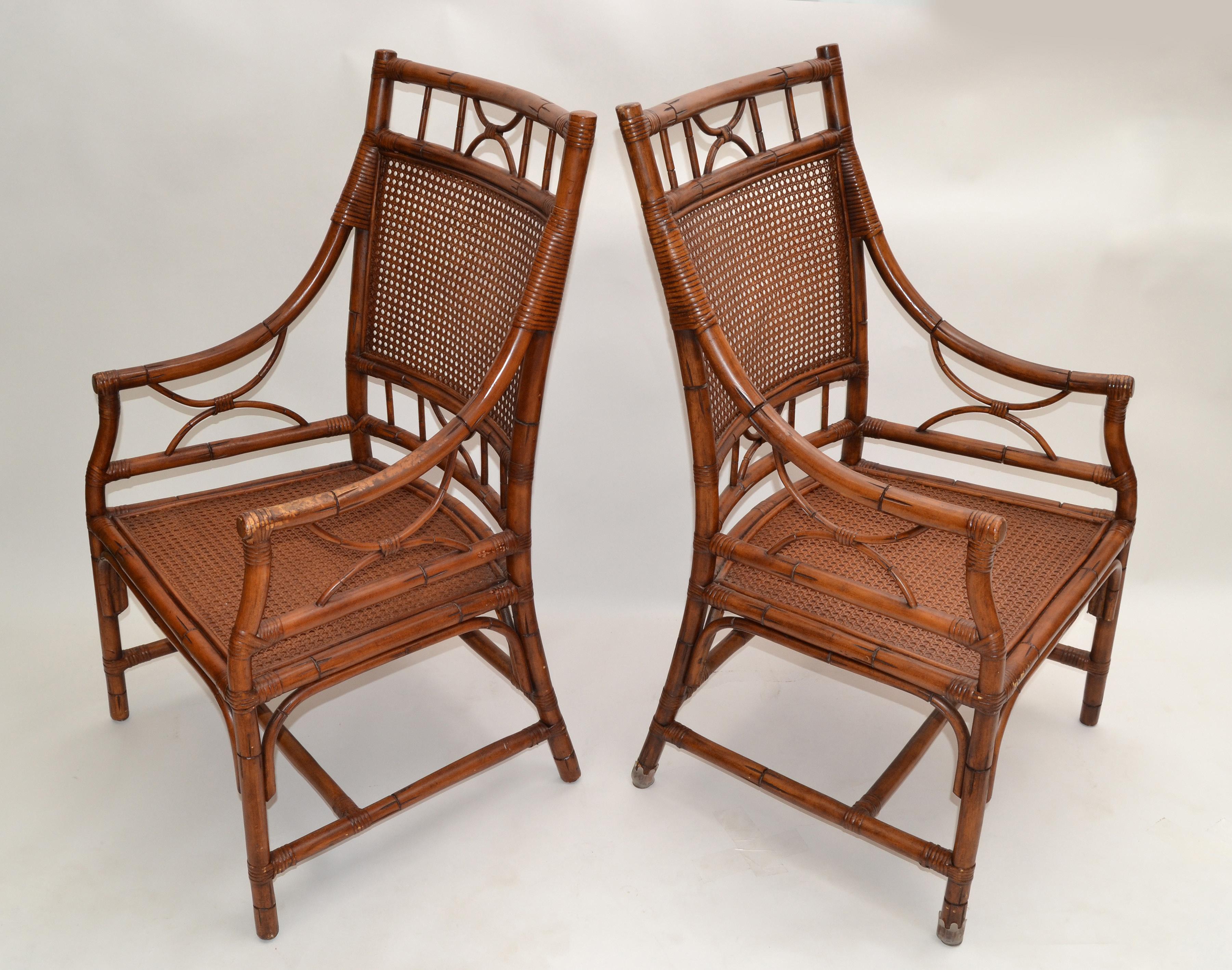 Pair 1970 Vintage Chinoiserie Rattan Bamboo Armchairs Woven Cane Seat & Backrest For Sale 8