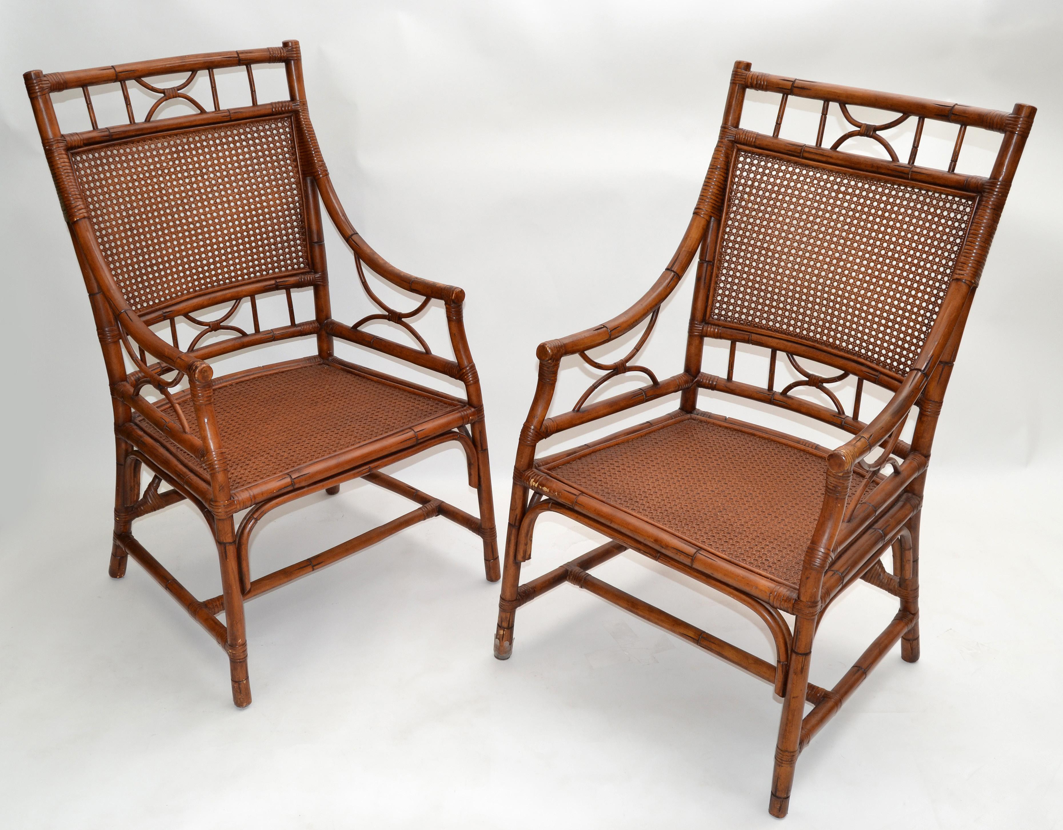 Pair 1970 Vintage Chinoiserie Rattan Bamboo Armchairs Woven Cane Seat & Backrest For Sale 9