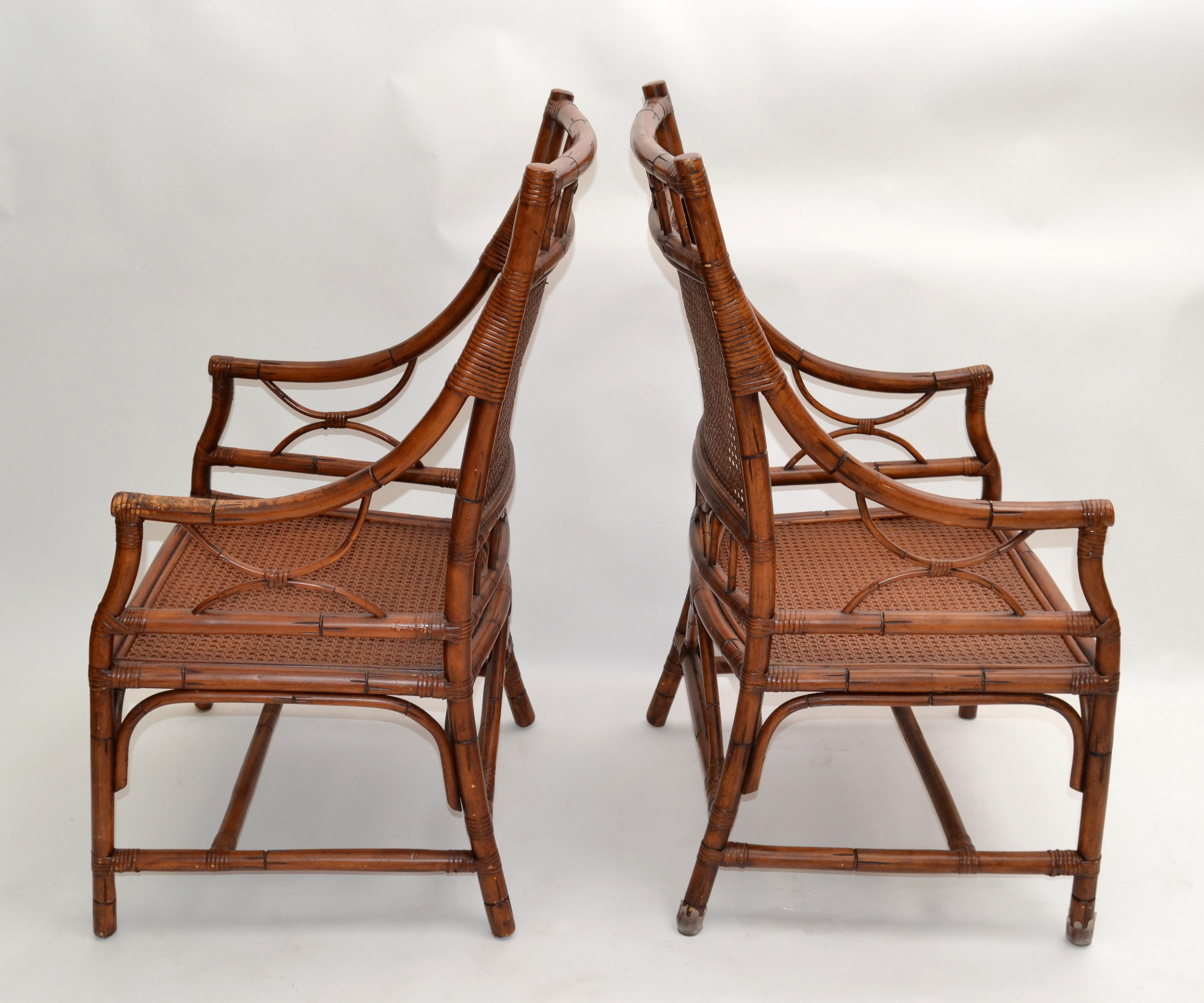 American Pair 1970 Vintage Chinoiserie Rattan Bamboo Armchairs Woven Cane Seat & Backrest For Sale
