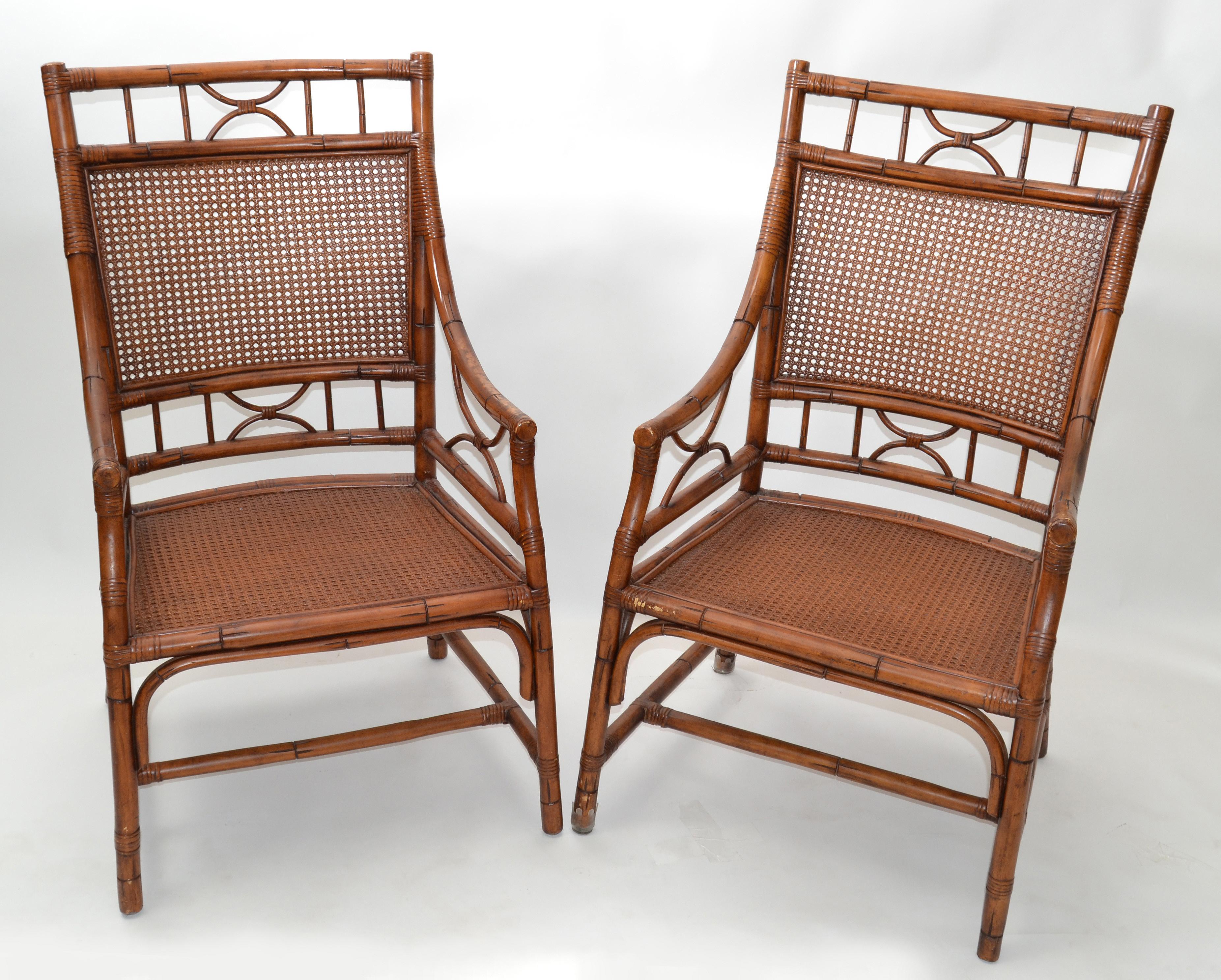 Hand-Crafted Pair 1970 Vintage Chinoiserie Rattan Bamboo Armchairs Woven Cane Seat & Backrest For Sale