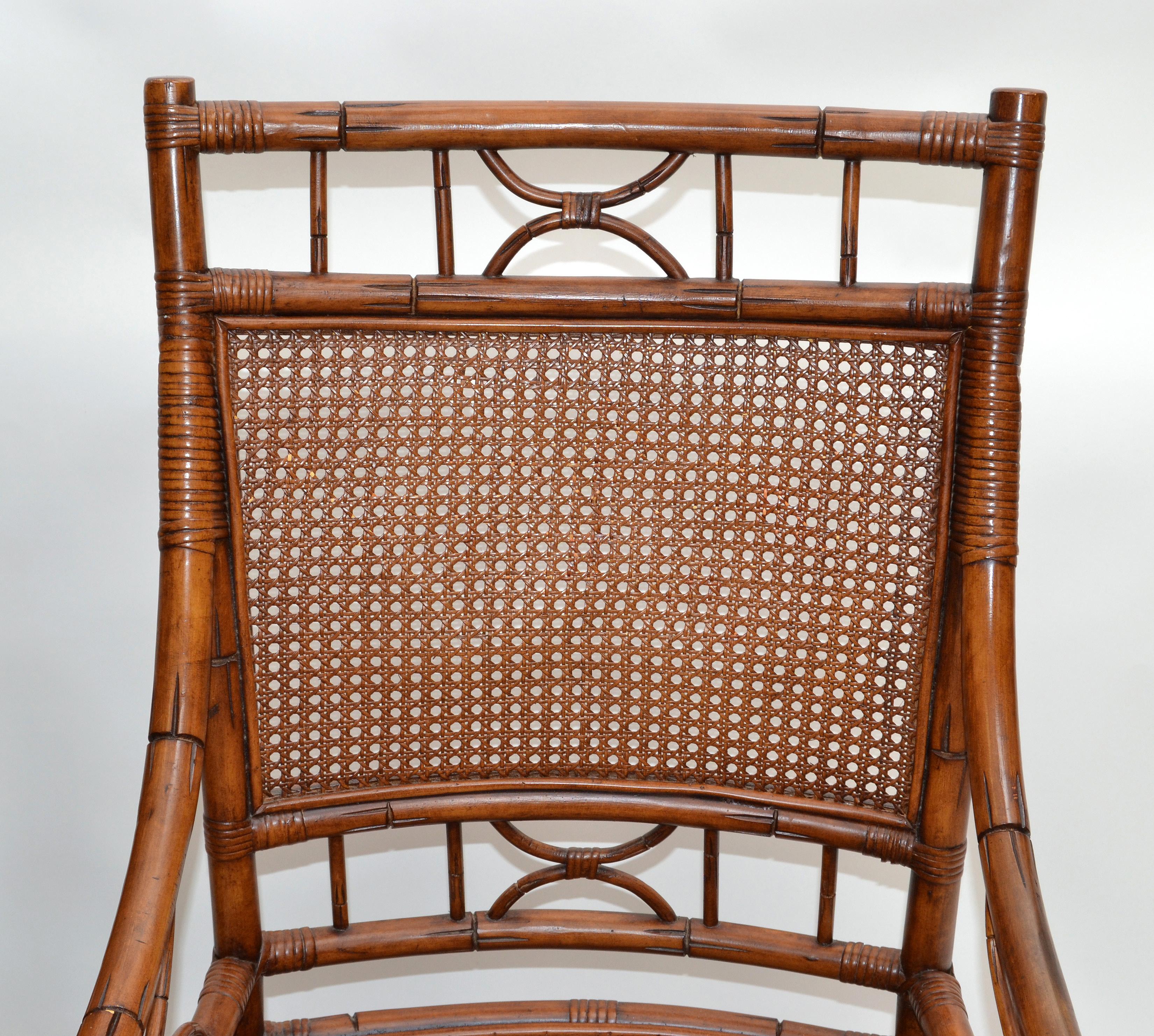 Pair 1970 Vintage Chinoiserie Rattan Bamboo Armchairs Woven Cane Seat & Backrest In Good Condition For Sale In Miami, FL