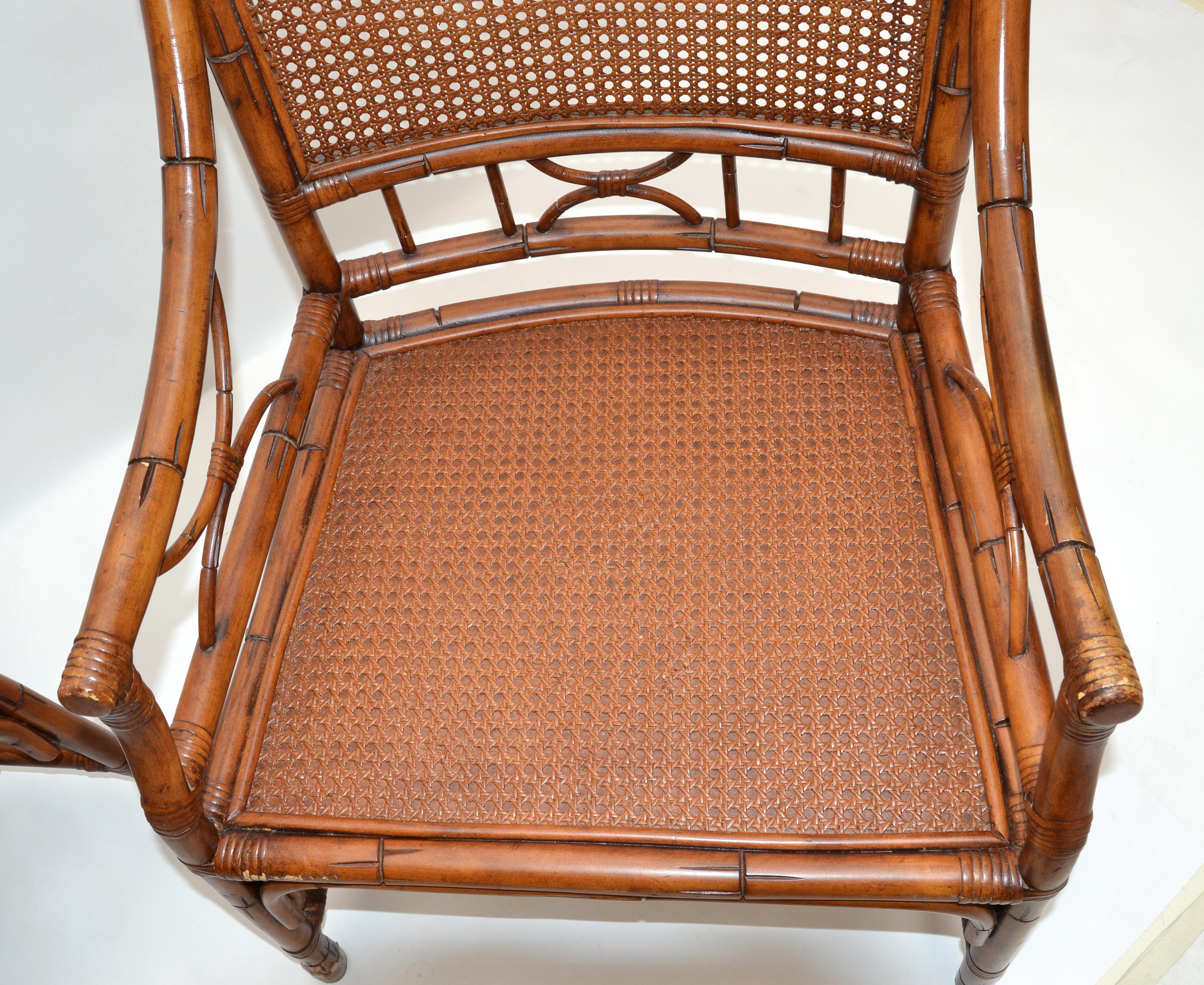Pair 1970 Vintage Chinoiserie Rattan Bamboo Armchairs Woven Cane Seat & Backrest For Sale 1