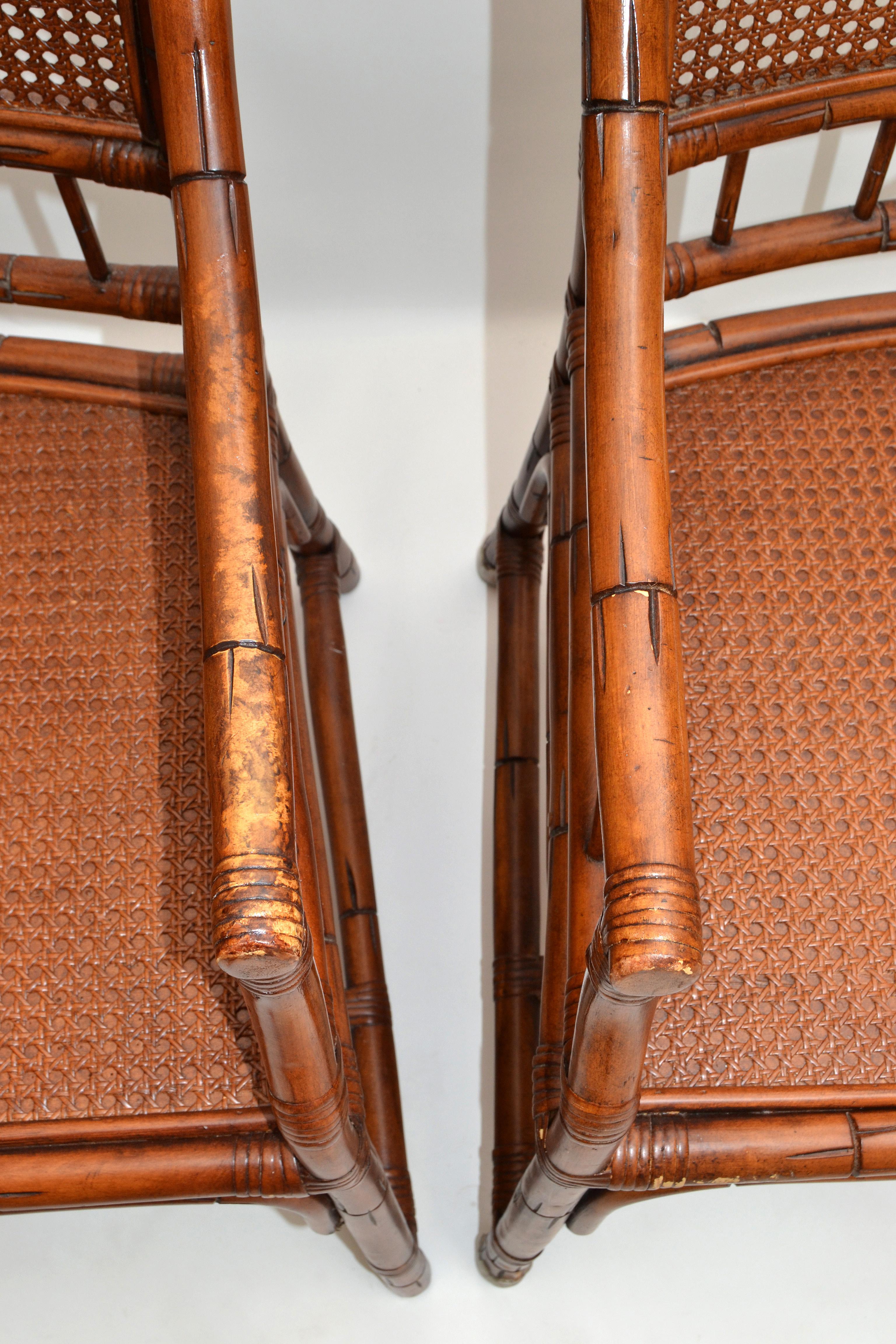 Pair 1970 Vintage Chinoiserie Rattan Bamboo Armchairs Woven Cane Seat & Backrest For Sale 2