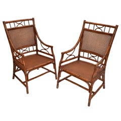 Pair 1970 Vintage Chinoiserie Rattan Bamboo Armchairs Woven Cane Seat & Backrest