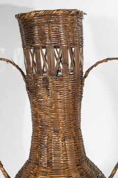 Vintage Chinoiserie Rattan & Bamboo Basket Woven Floor Vase with Handles