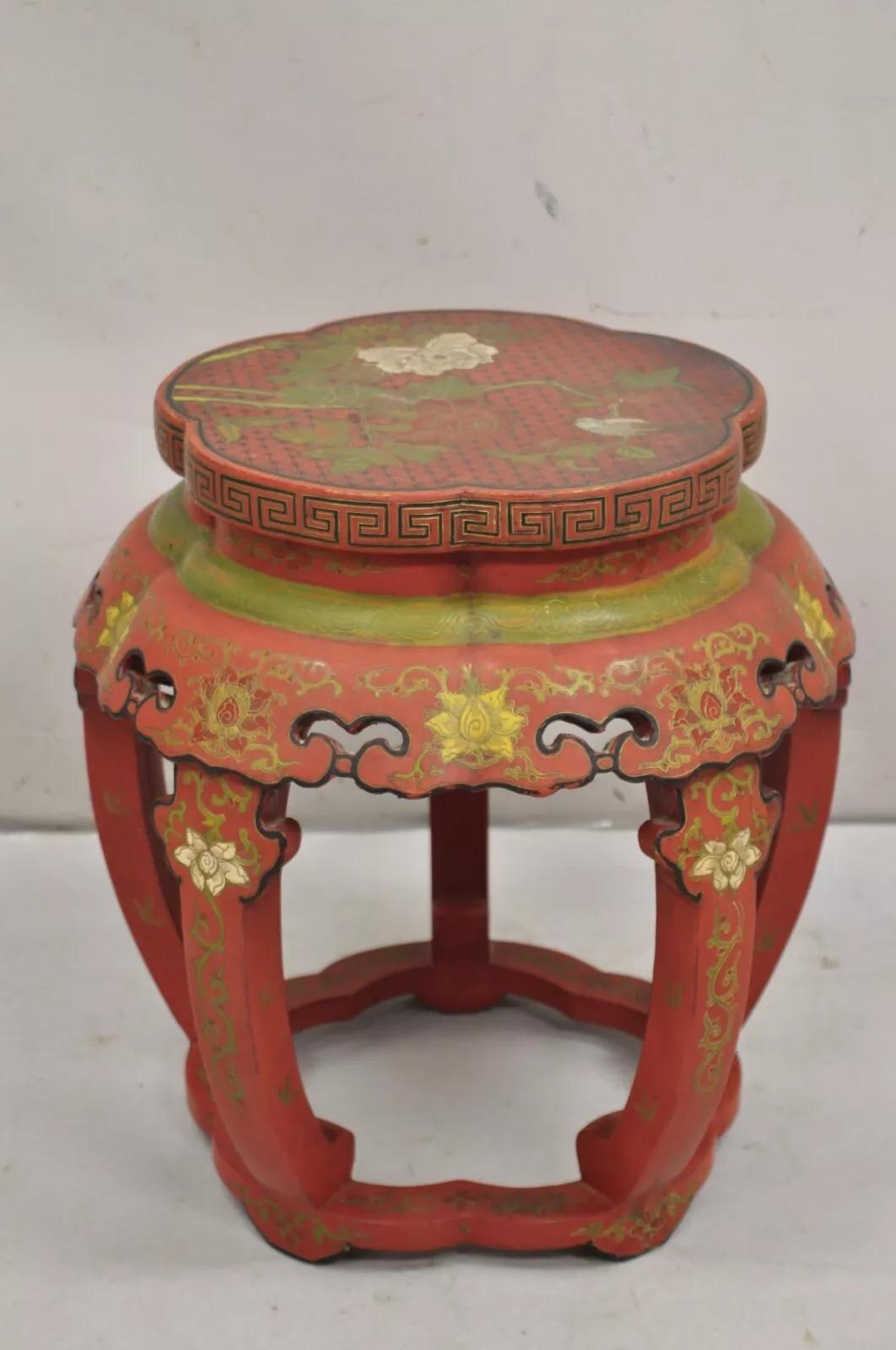 Tabouret de tambour chinois vintage laqué rouge avec oiseaux et fleurs peints à la main en vente 3